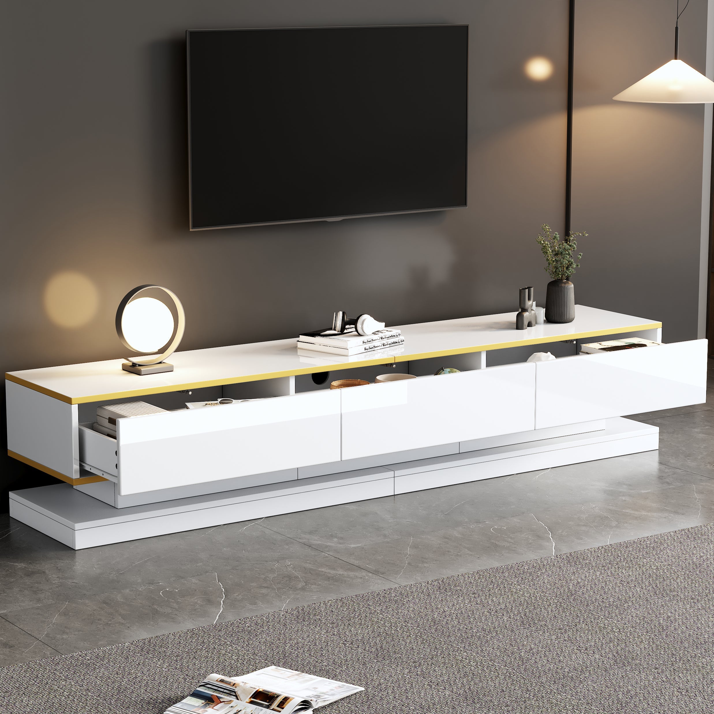 TV Cabinet, 200x40x40cm Lowboard with 3 Drawers, High-Gloss, Warm White with Gold Edge