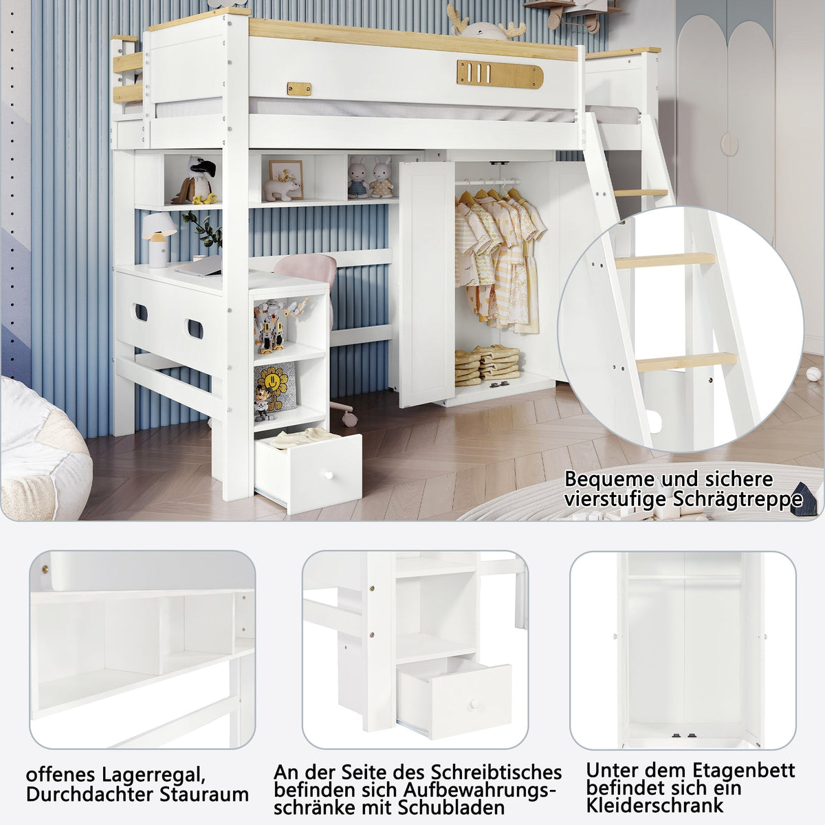 Bunk Bed with Safety Rail, Table, Wardrobe, Ladder, 90x200cm, Pine/MDF White/Natural