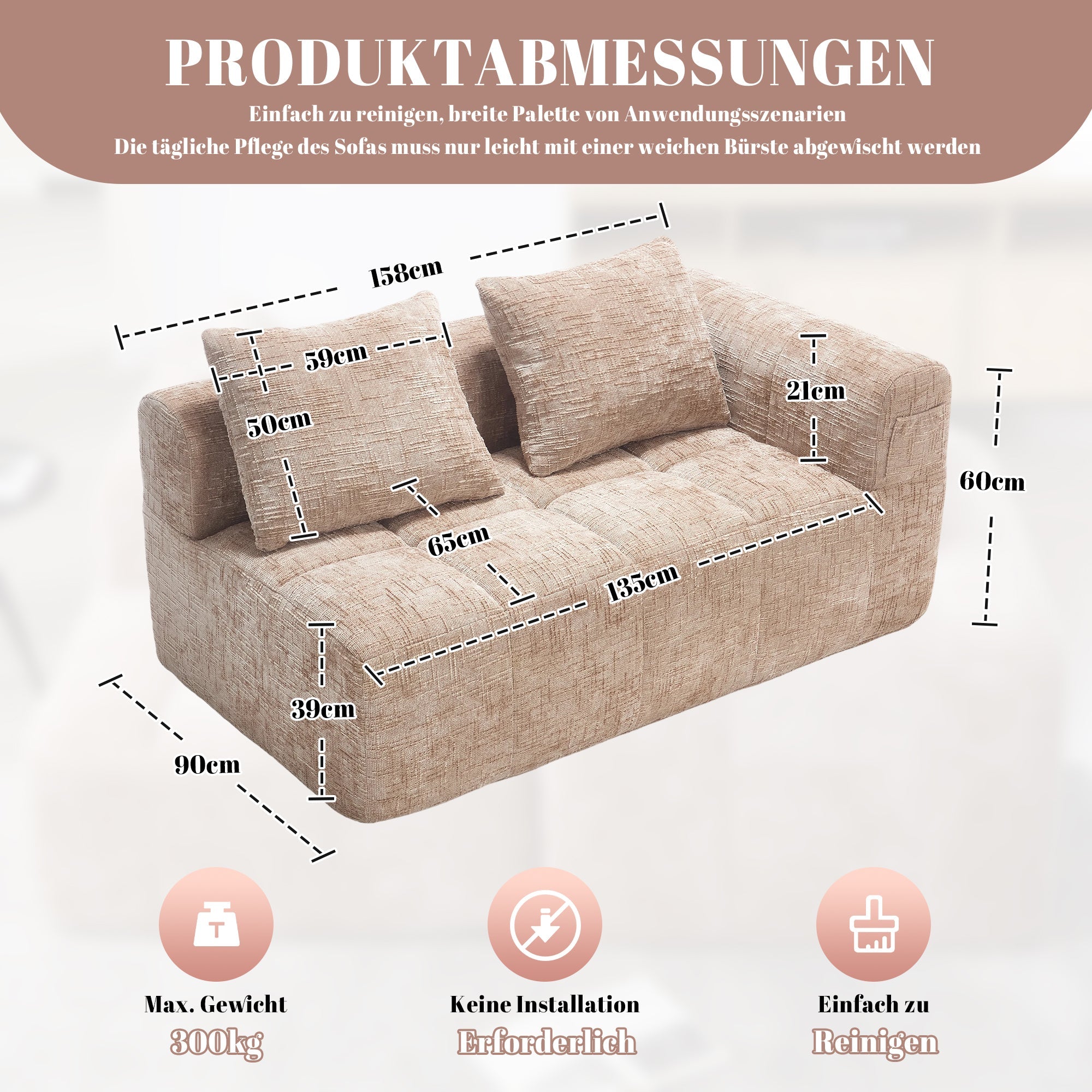 Sofa, 2-Person Plush No Assembly Side Pockets, Khaki