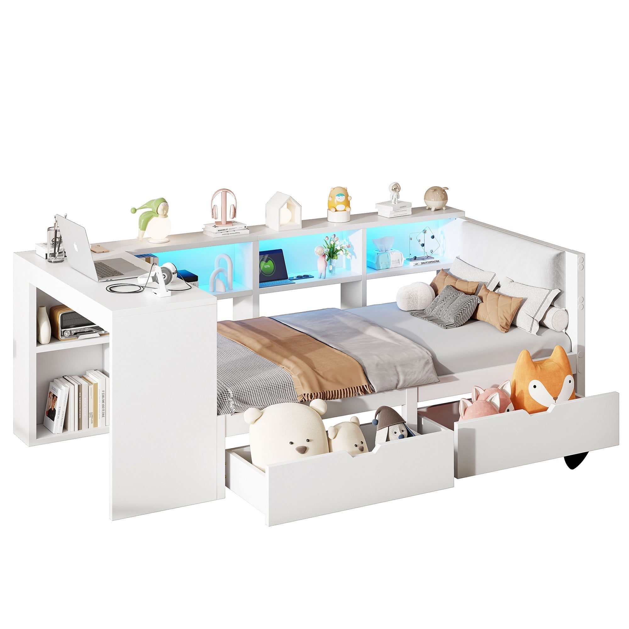 Platform Bed 90x200 Storage Drawers Shelves Upholstered Headboard LED - White