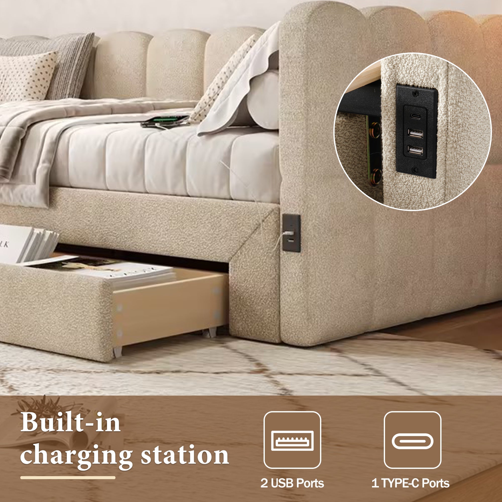 Upholstered Daybed with 2 Storage Drawers, USB Port, Extendable 90x190 to 180 cm, Beige Chenille