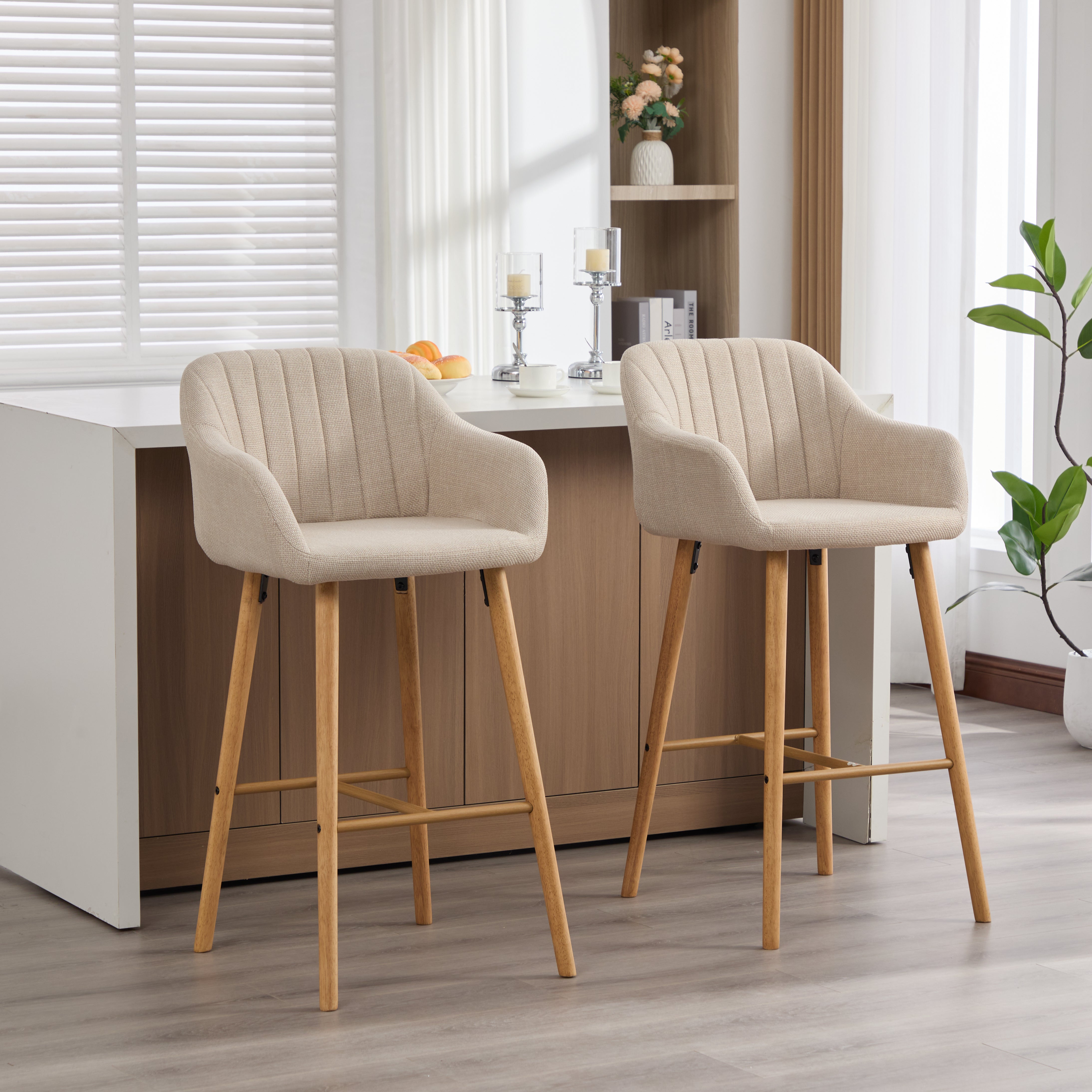 Bar Stools, Set of Two, High Backrest & Armrests, Linen & Wooden Legs