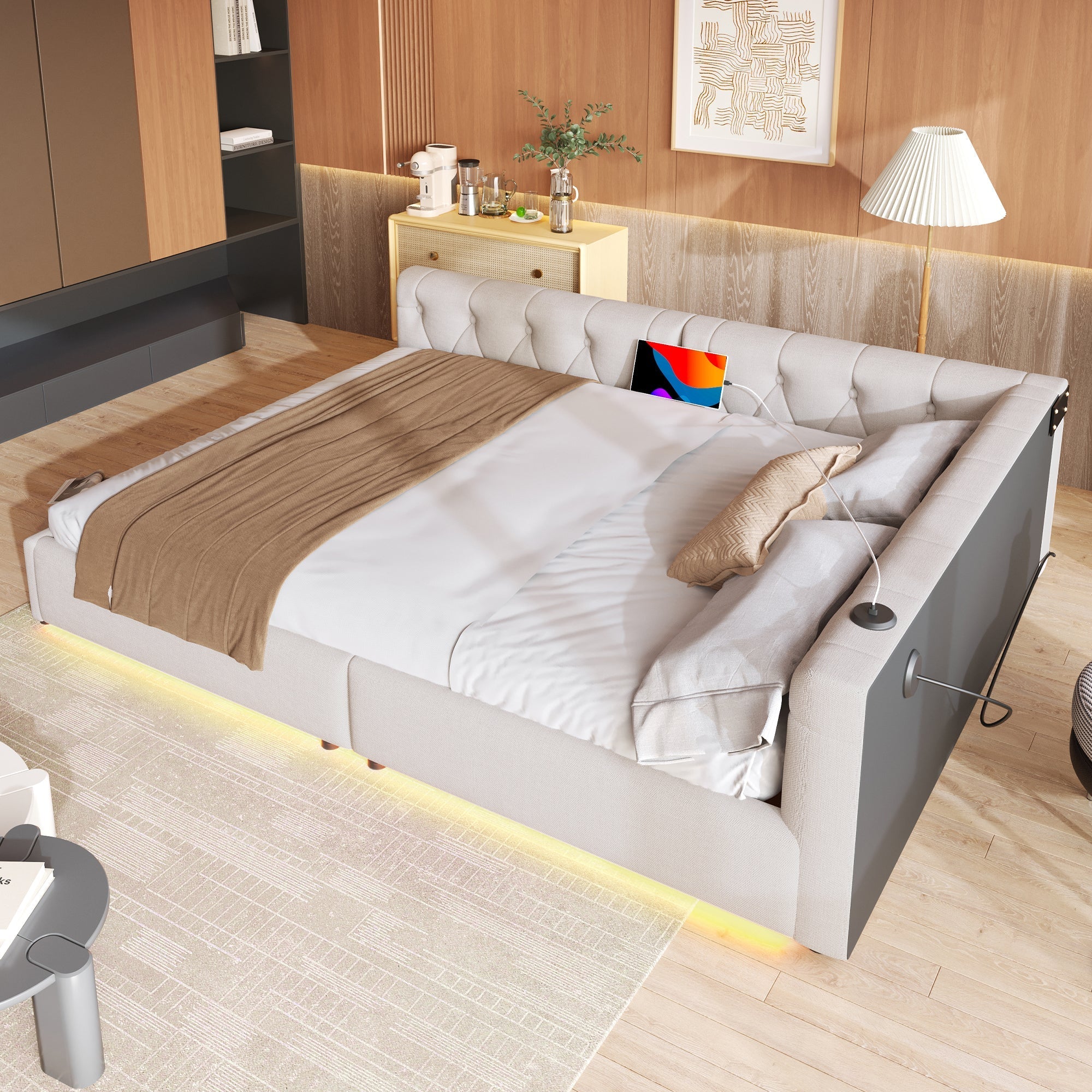 Sofa Bed 140x200cm LED Light USB/Type-C Button Tufting - Beige Linen