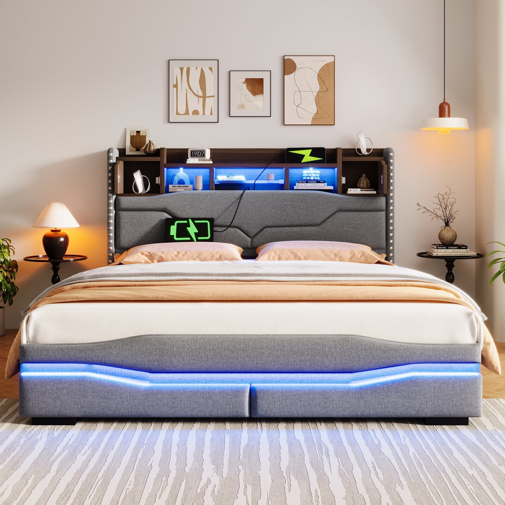 Upholstered Bed 160x200cm Hydraulic Storage LED USB-C Headboard Grey