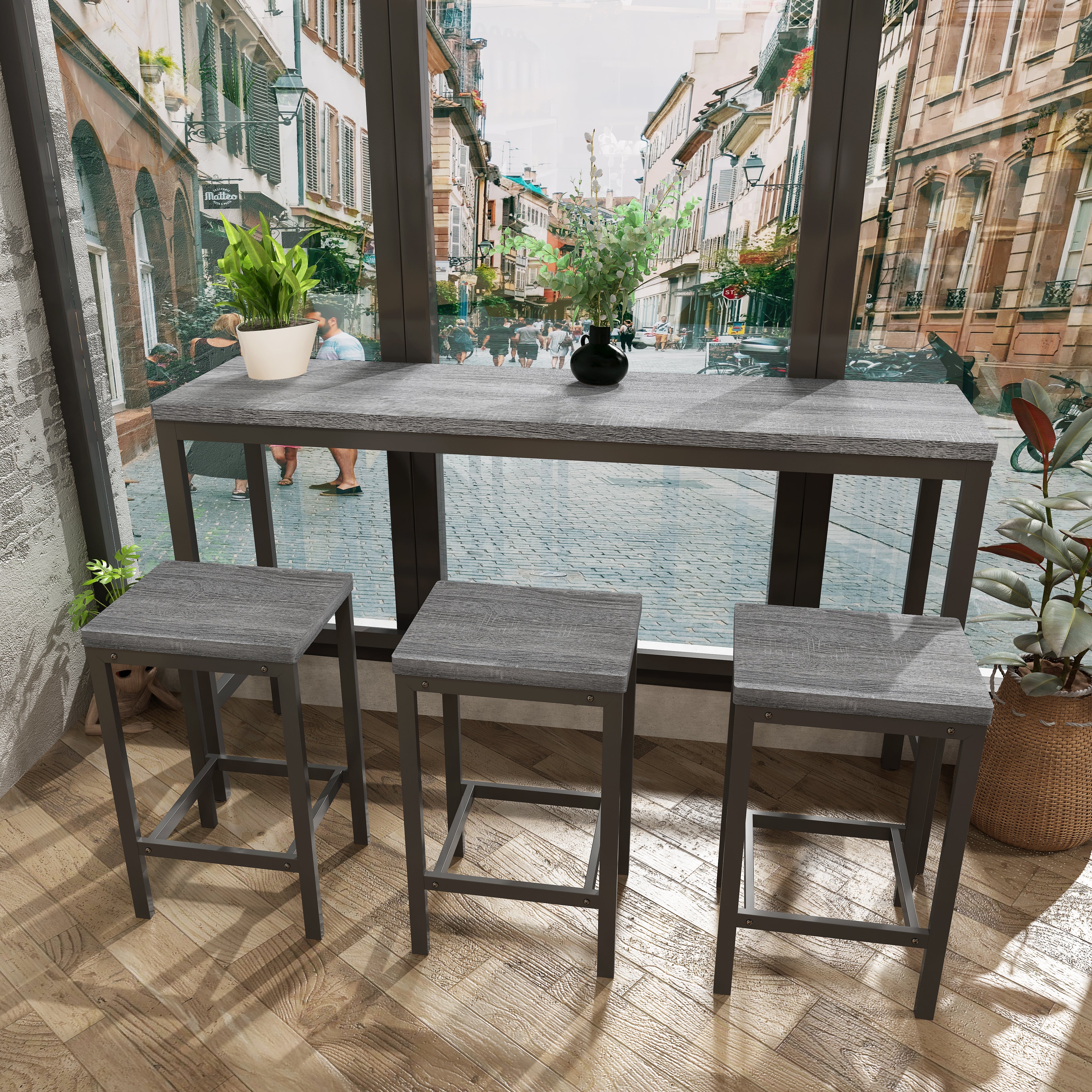 148CM Modern Design Kitchen Dining Table, Pub Table, Long with 3 Stools, Grey