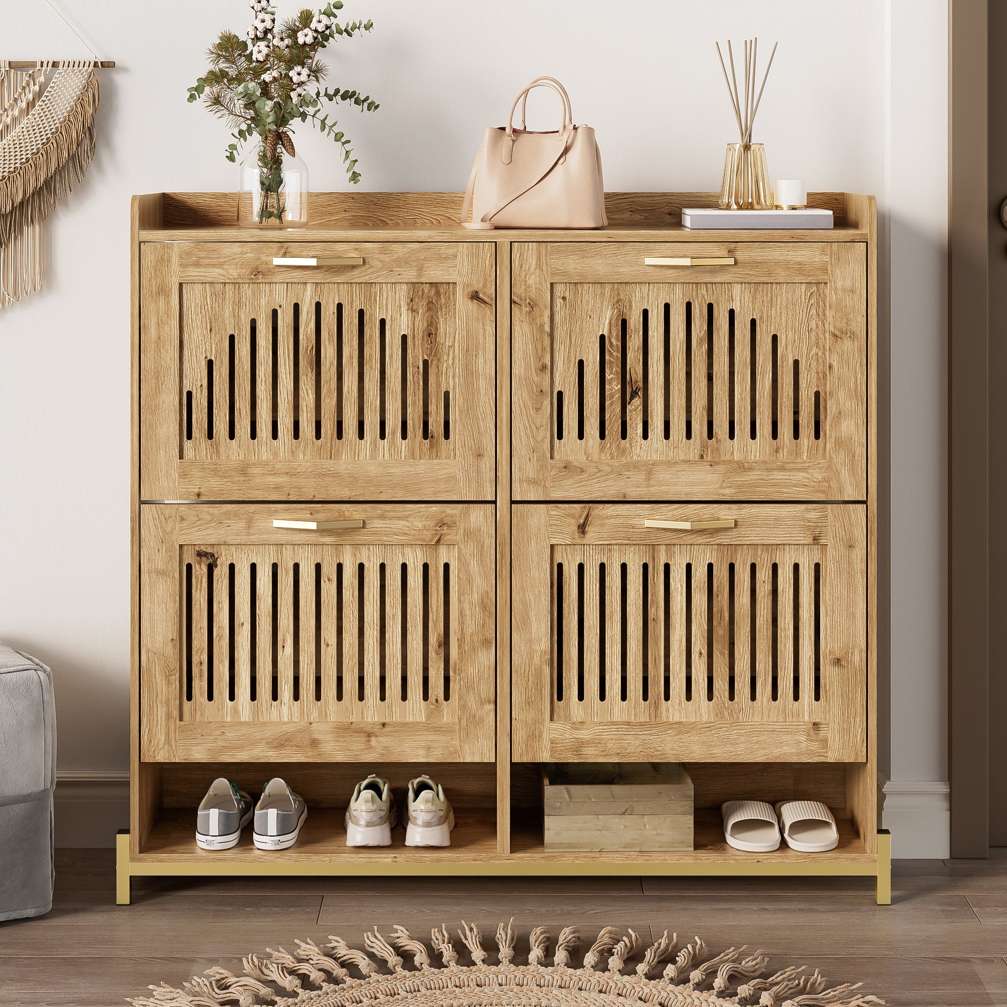 Shoe Cabinet 4 Doors, Vertical Slatted, Space-Saving with Shelf, Wood/Metal