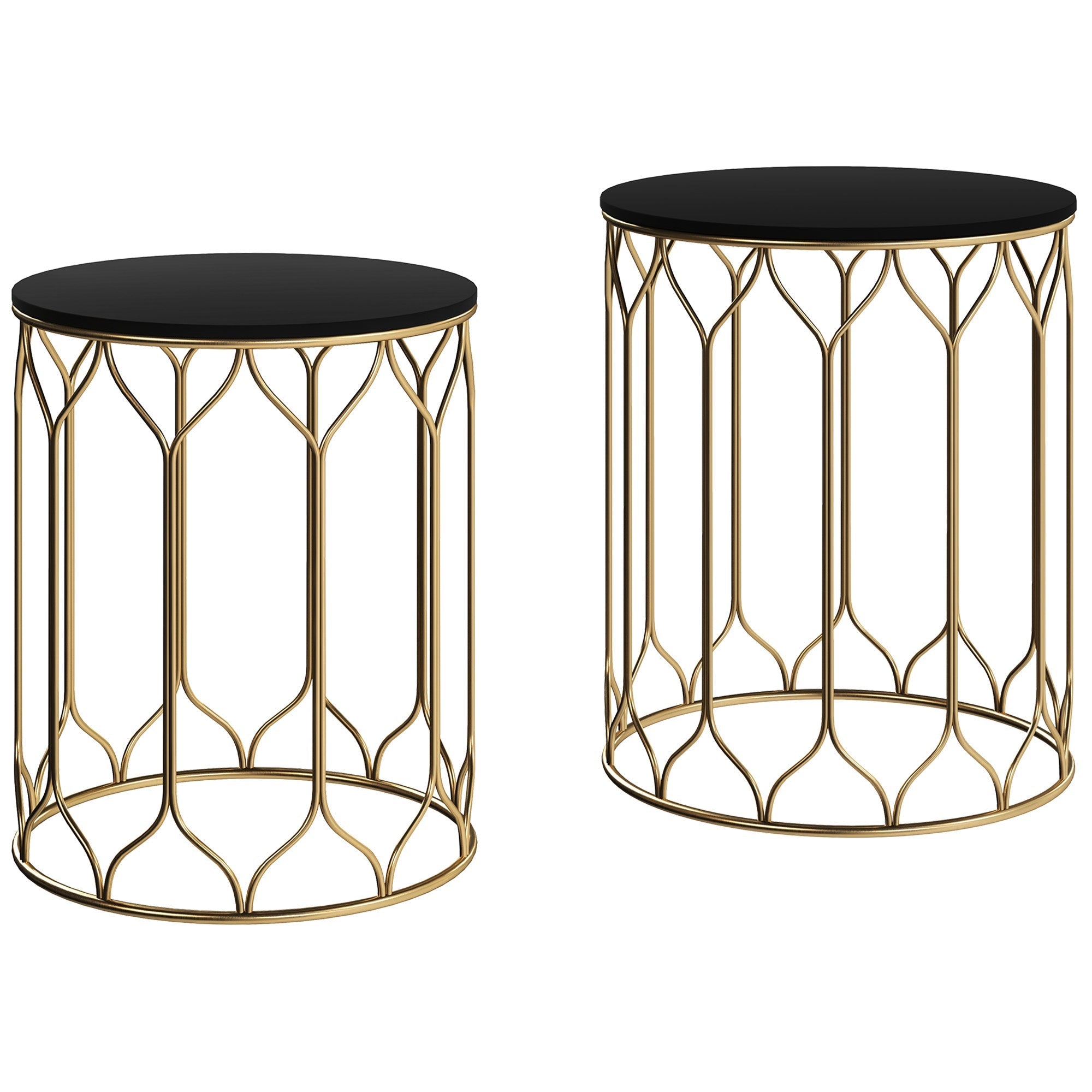 Round Coffee Table Set of 2, Modern Nesting Tables with Ceramic Tile Top and Metal Frame, Black