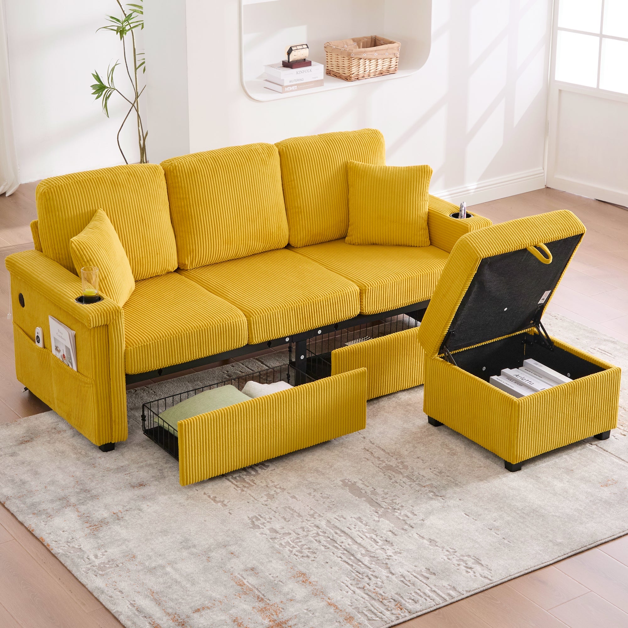 Velvet Sofa, LED Lighting, USB-C Port, Storage Footrest, Cup Holders, Side Pockets, Mustard Yellow