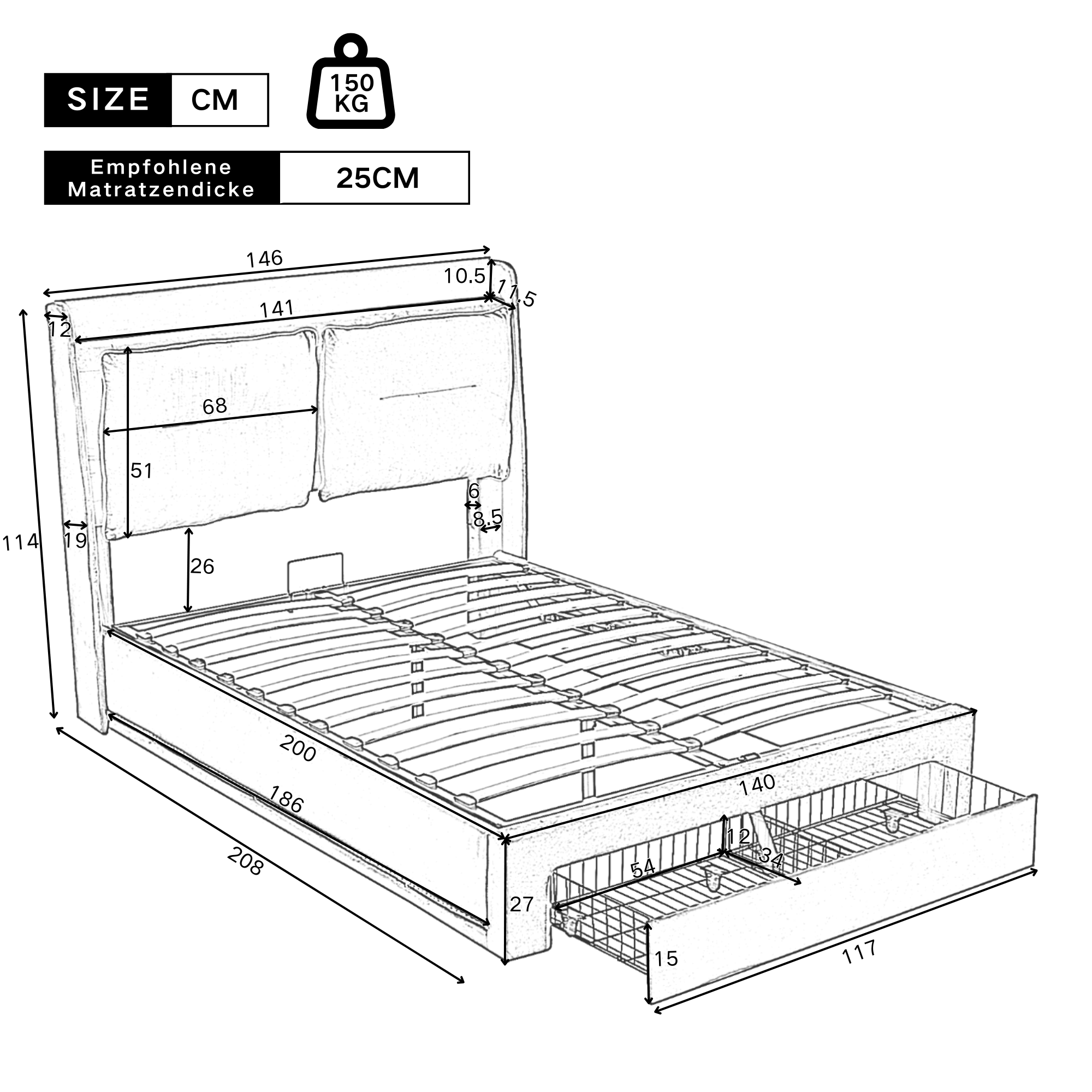 Upholstered Bed 140x200cm Hydraulic Storage LED Drawers Slatted Base - Velvet Beige