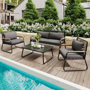 Garden Lounge Set Sofa & Table for 4 Galvanized Iron Tempered Glass - Black