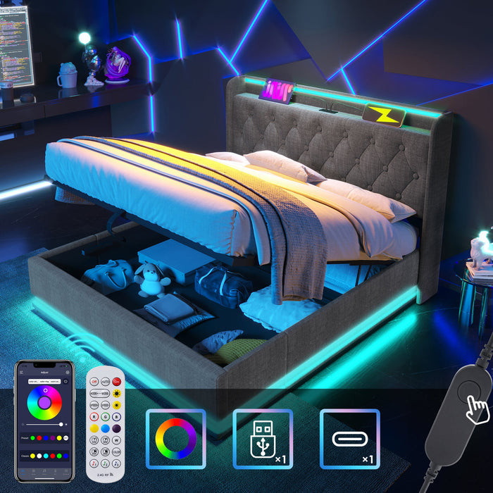 Upholstered Double Bed with 360-degree LED Lighting, Hydraulic Storage, USB Type-C and Padded Headboard, 140x190cm, Grey Linen