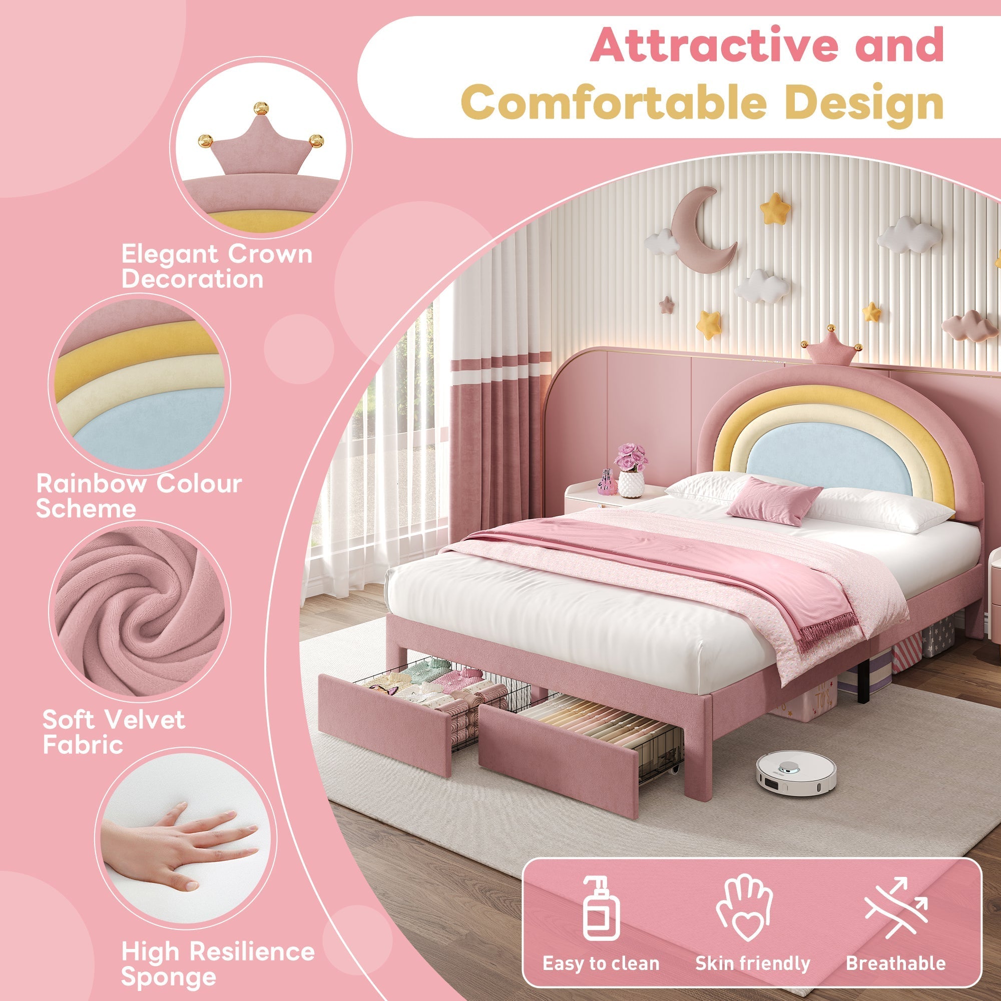 Bed - 4ft6 Double Upholstered with Adjustable Rainbow Crown Headboard & Storage Drawer, Soft Velvet, Pink
