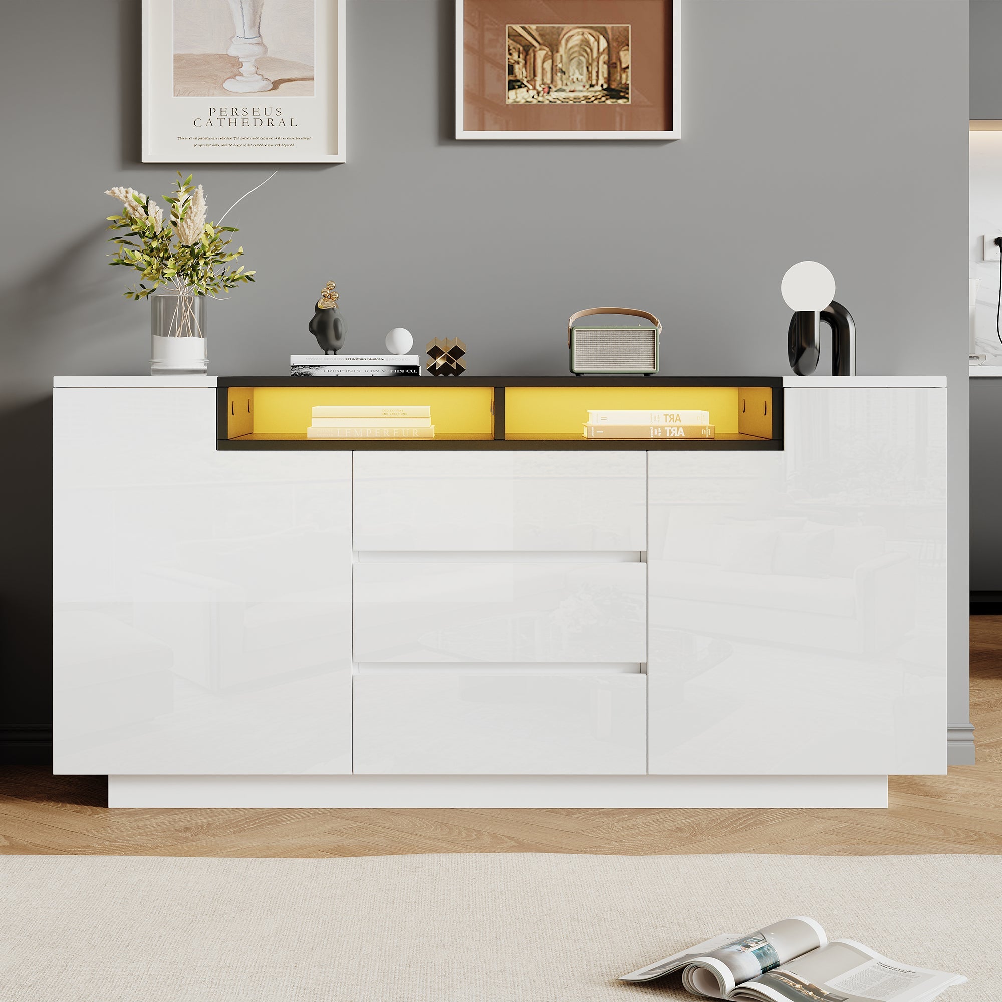 Sideboard Cabinet 140x40x68cm Adjustable Dividers LED Lights 3 Drawers, High-Gloss White/Black