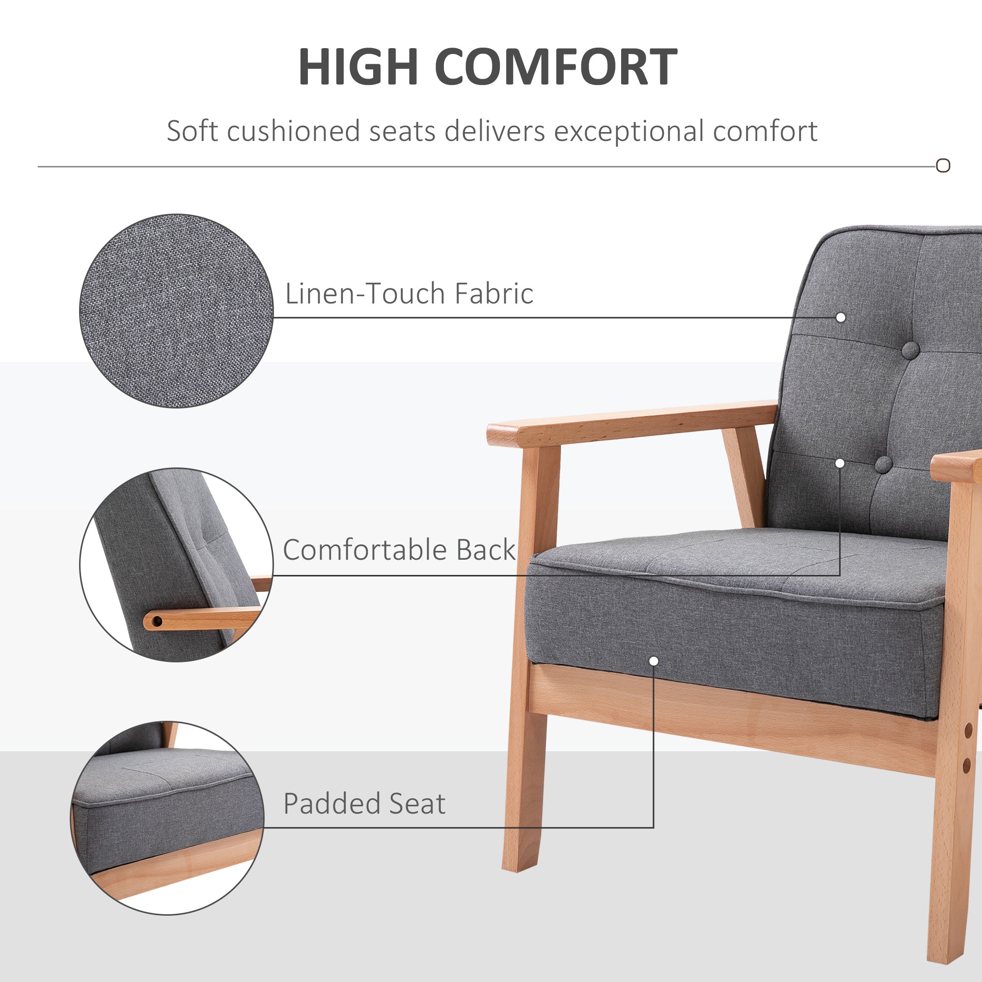Minimalistic Accent Chair with Padded Wooden Frame - Dark Grey