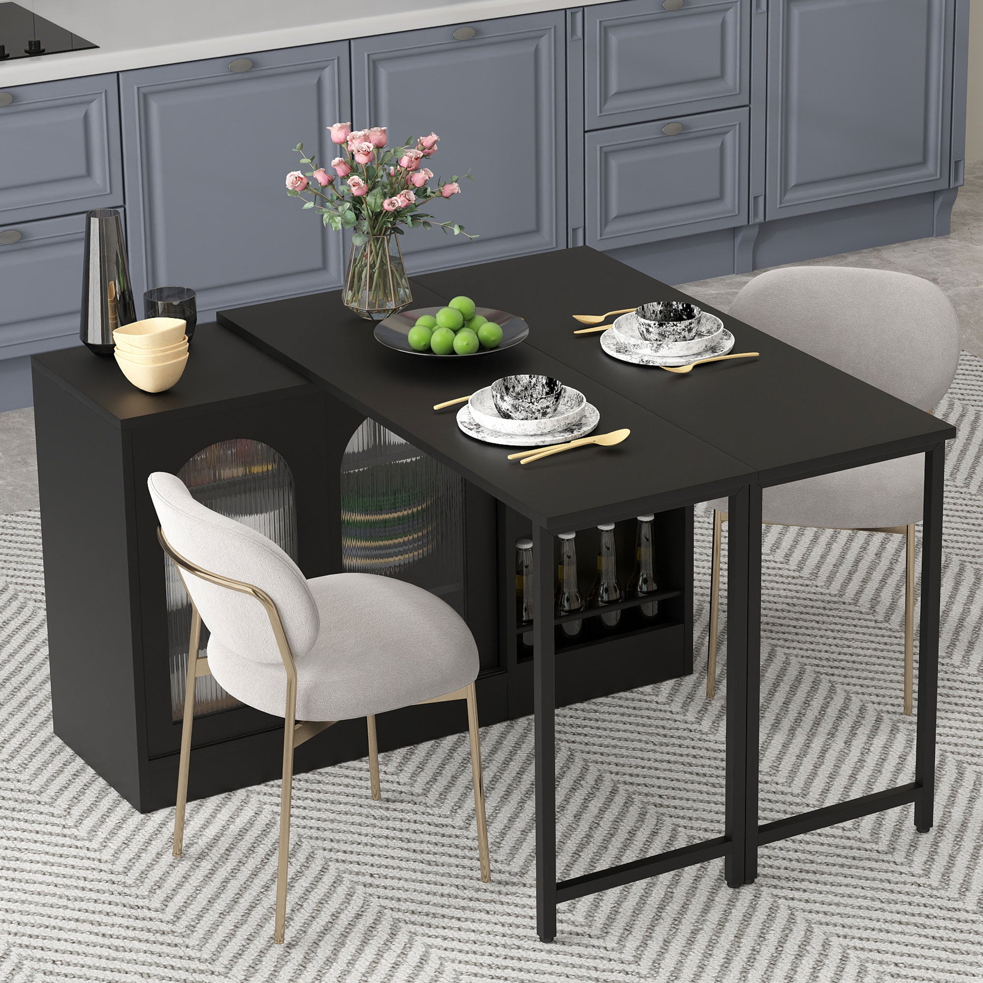Bar Table, Extendable 360° Rotating with Storage & Glass Cabinet, Black