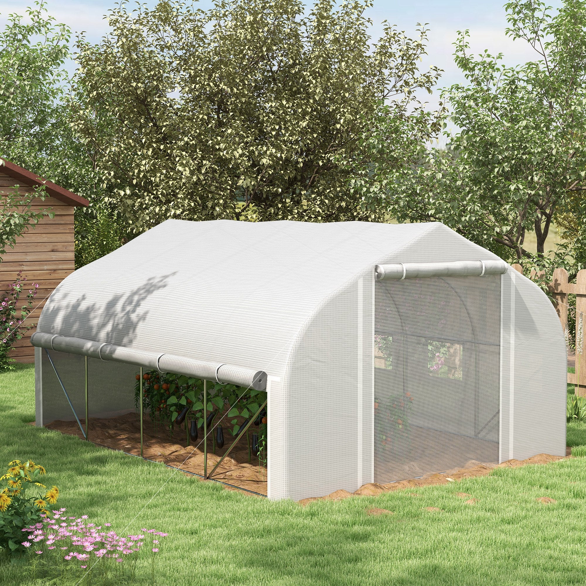 4 x 3m Walk-in Polytunnel Greenhouse, Zipped Roll Up Sidewalls, Mesh Door, 8 Mesh Windows, PE Cover, White