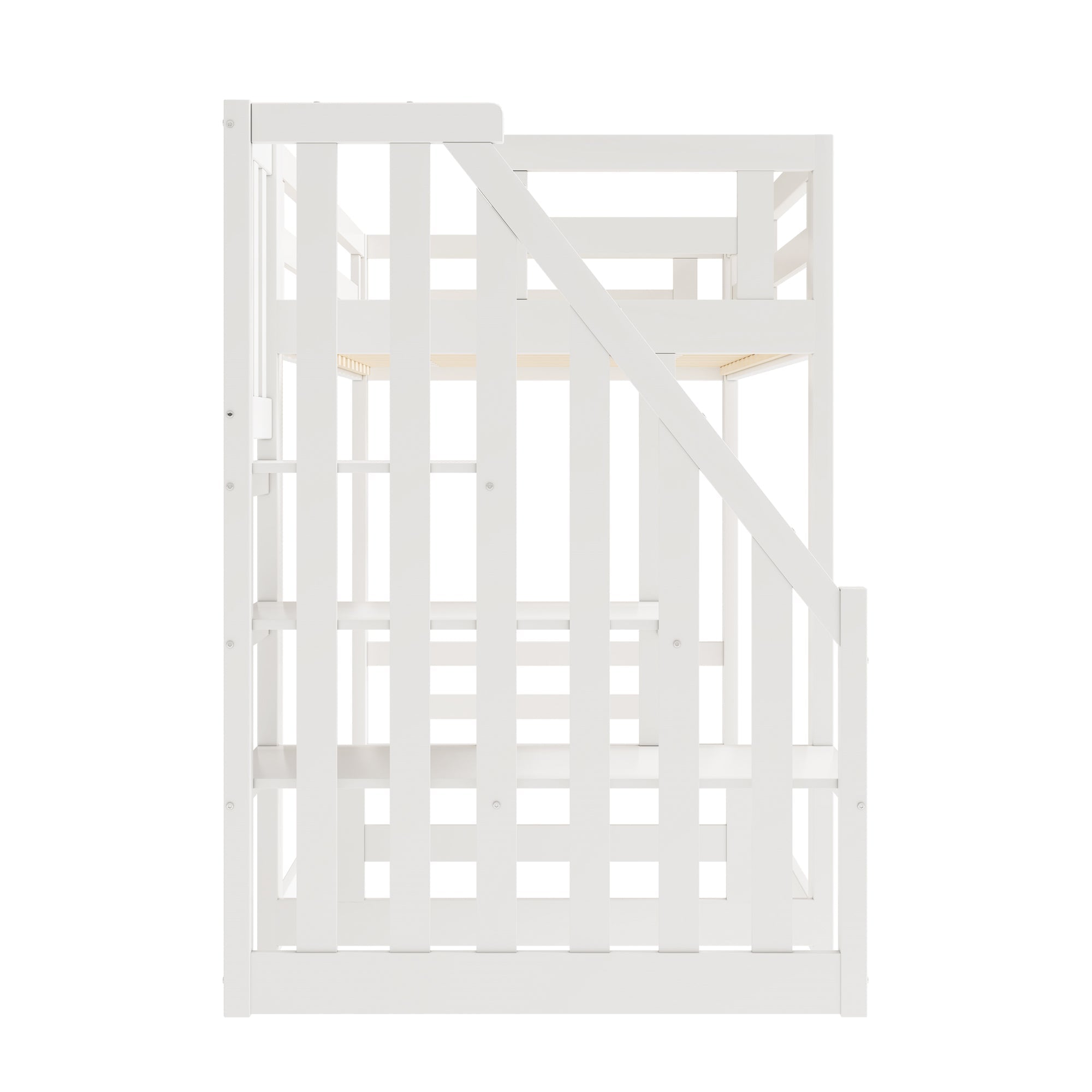 Children's Bed, Low Bunk with Safety Stairs, Solid Wood, White