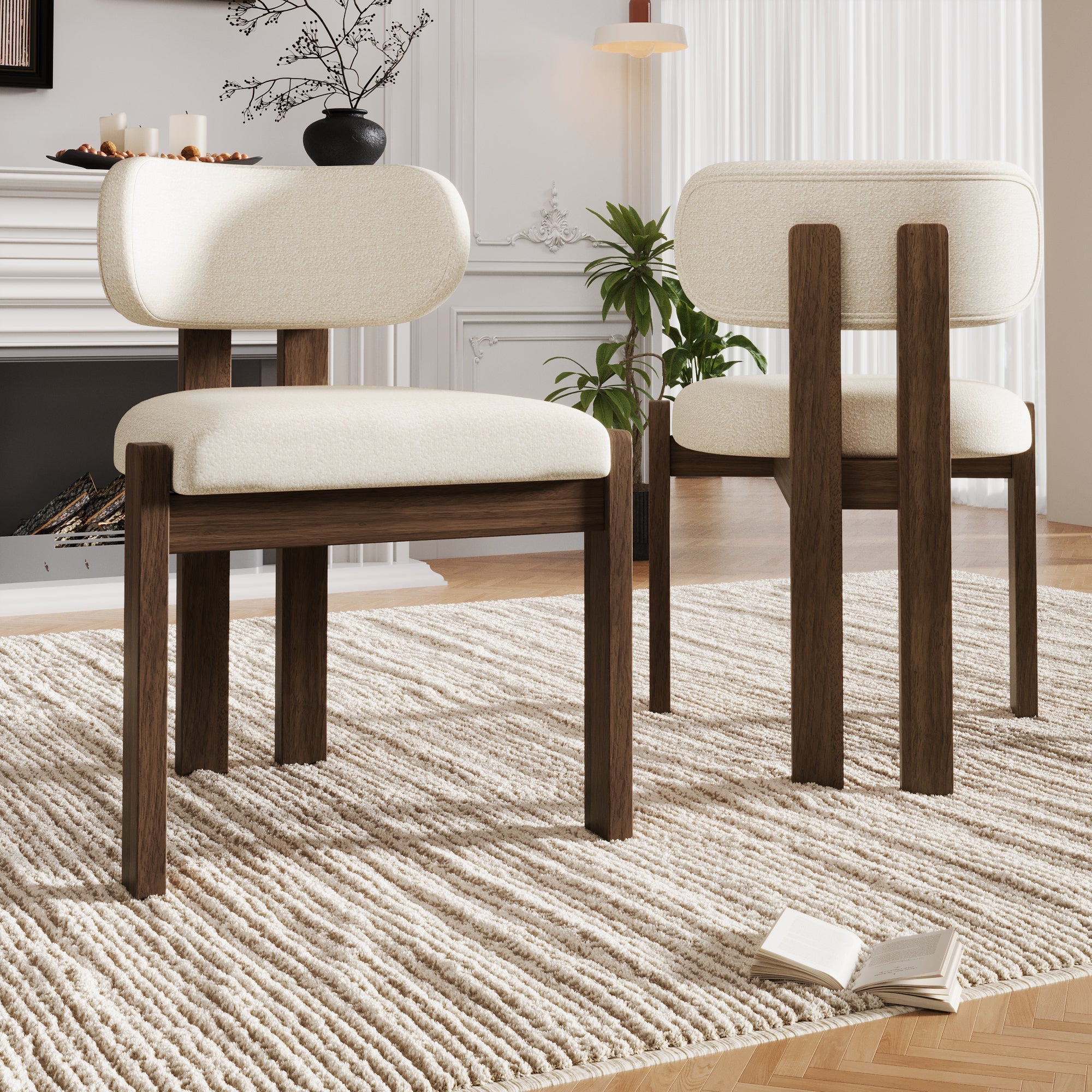 Solid Wood Dining Chairs Set of 6 with Modern Bouclé Fabric, Walnut Finish