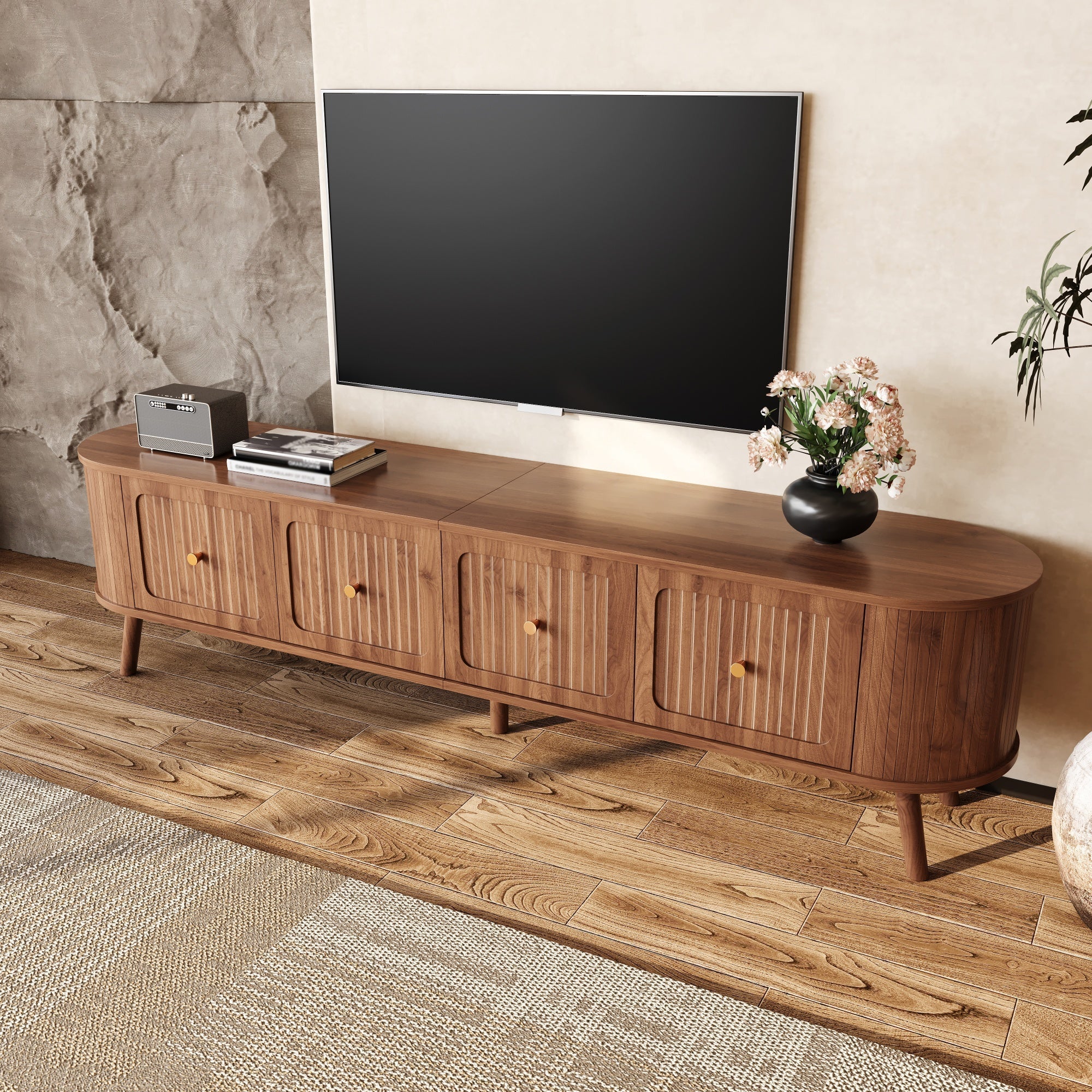 TV Stand Modern Low 4 Cabinet Doors Gold Handles 180cm