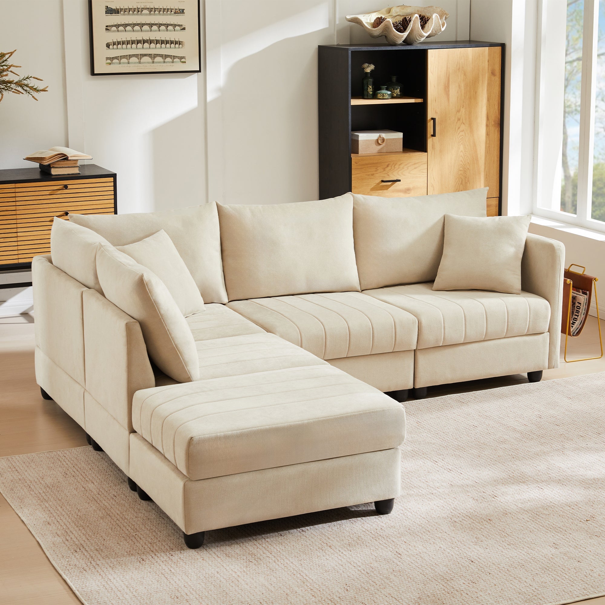 Modular Corner Sofa 5-Seater L/U-Shaped with Convertible Footstool