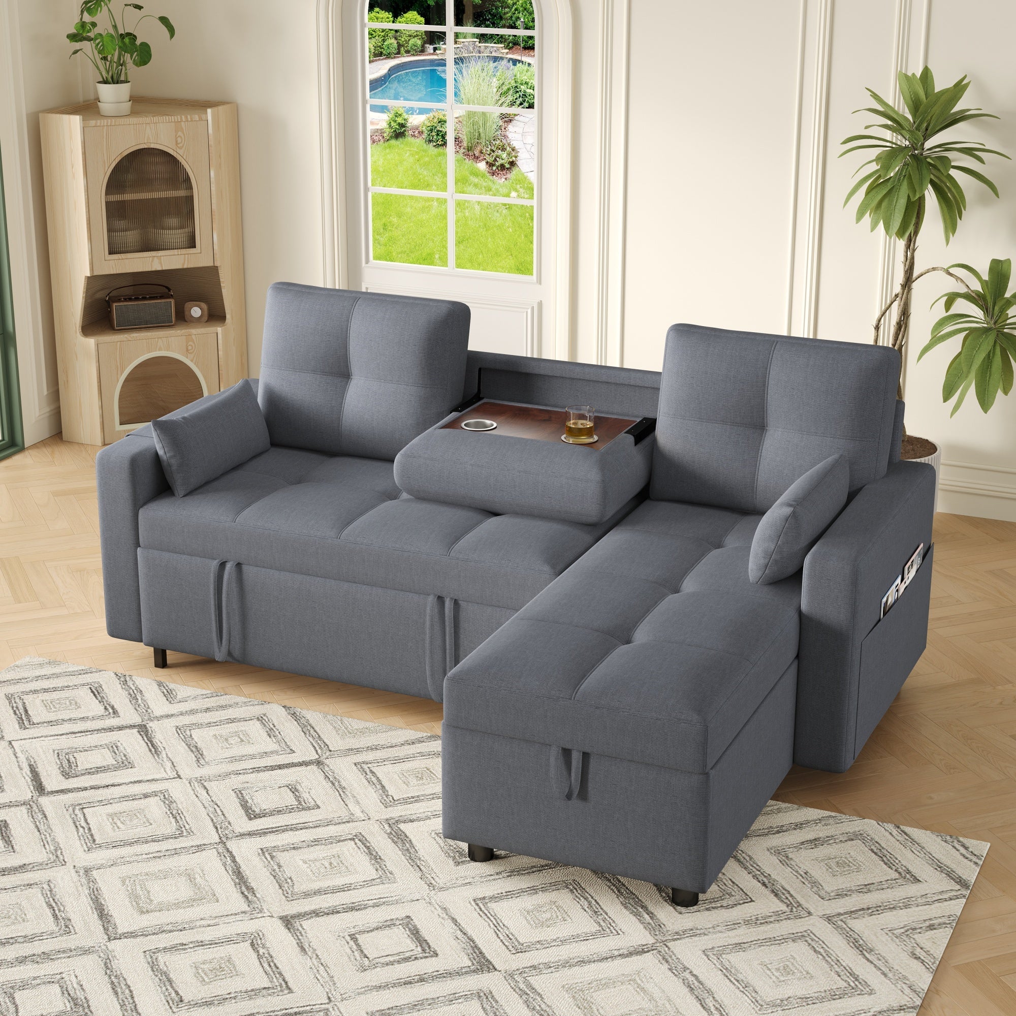 Modern L-Sofa Modular Pull-out Sofa Bed Sleeping Function Storage Cup Holder