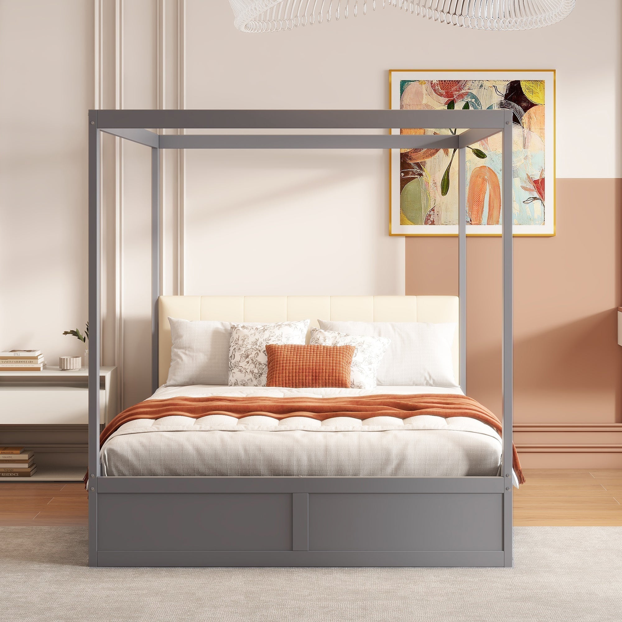 Canopy Bed 140x200cm Large Drawers Soft Headboard, Wooden Grey