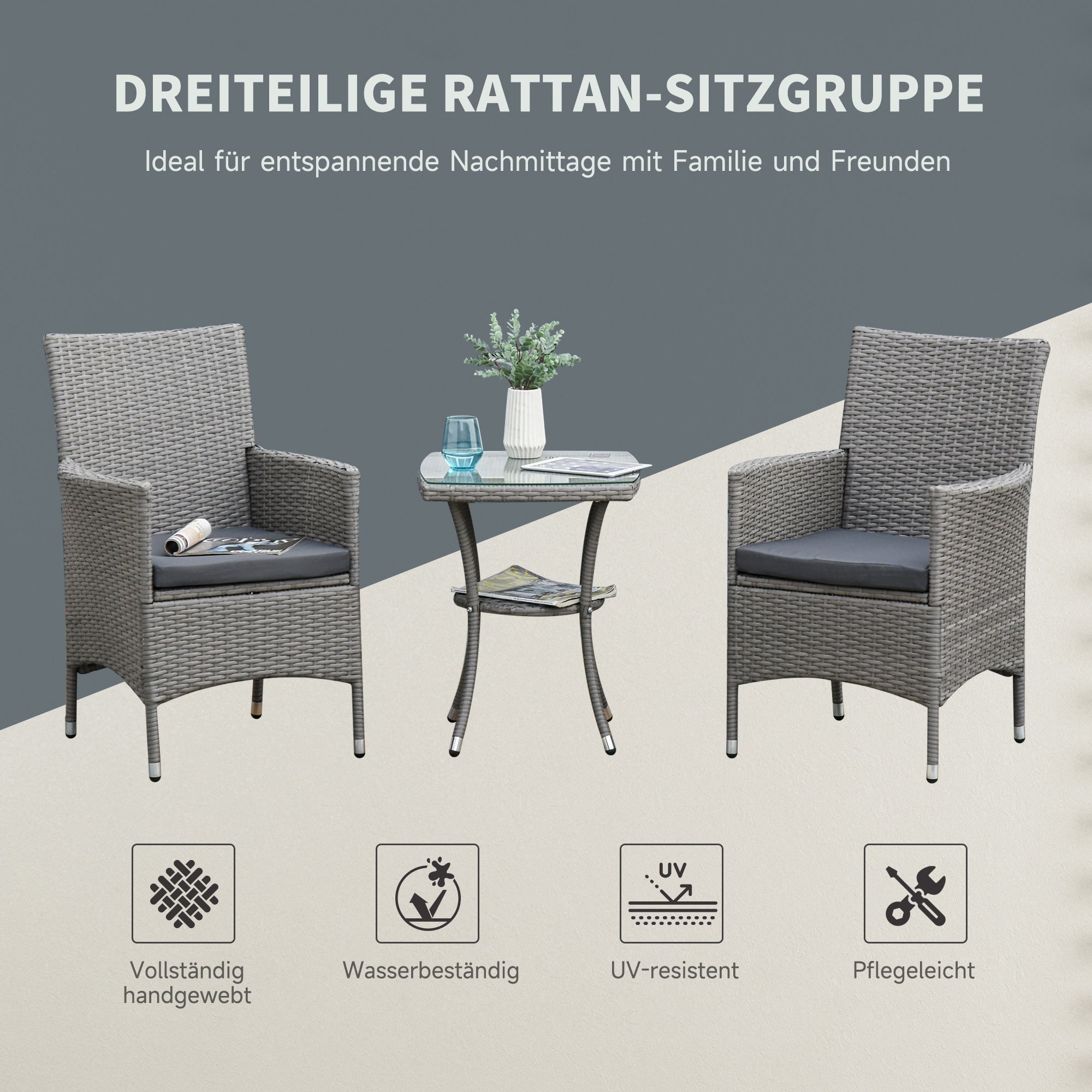 Rattan Garden Furniture Set, 3-Piece Bistro with Side Table, Black/Brown