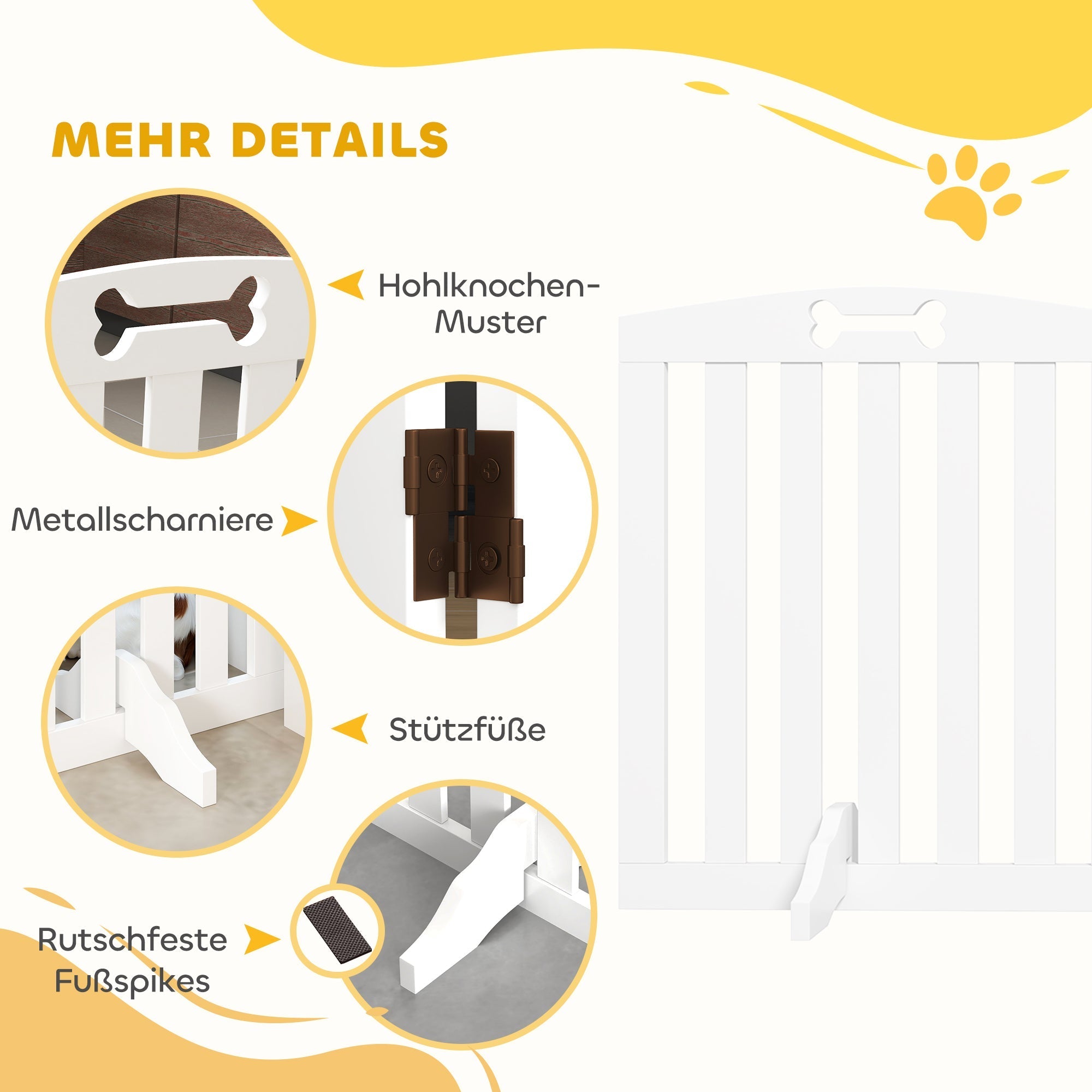 Dog Gate 4-Piece Set, Foldable Freestanding Stair Gate 207.5x61cm, White