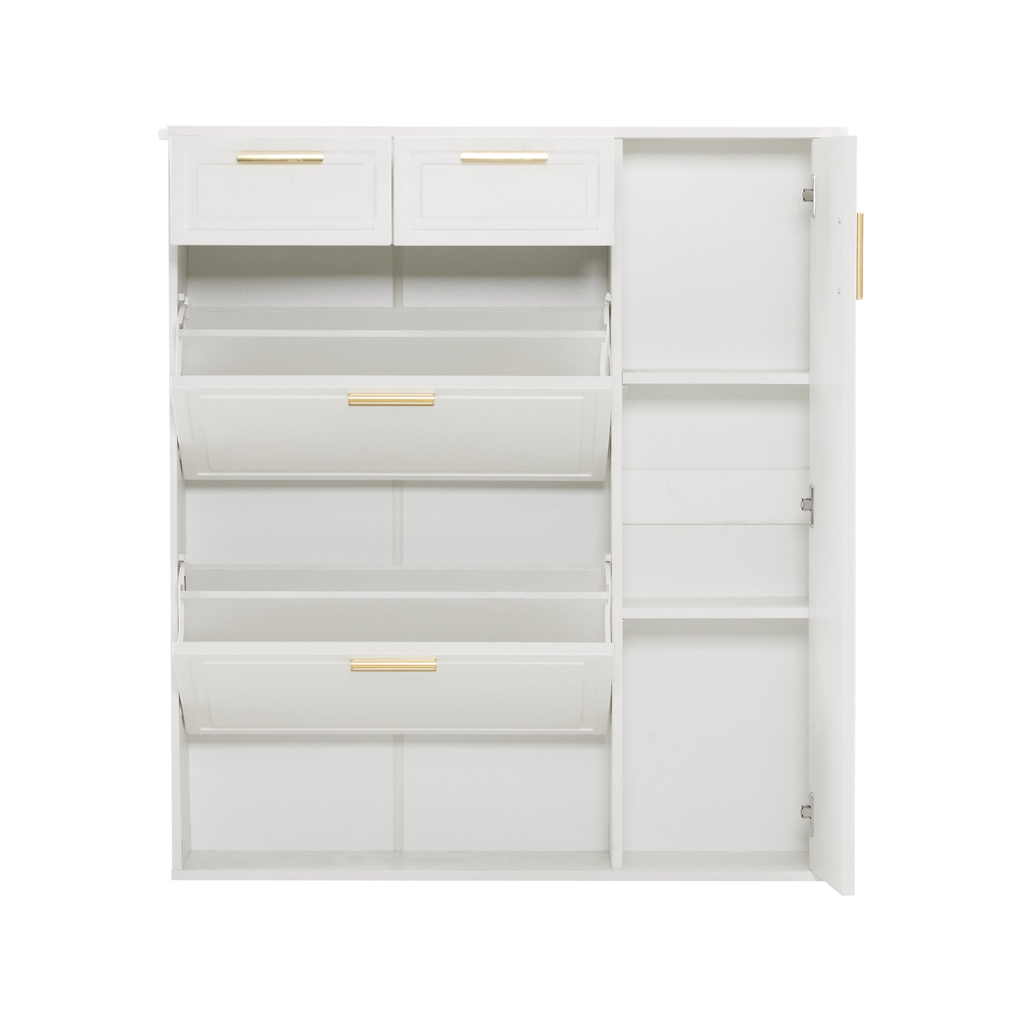 Modern Shoe Cabinet, adjustable shelves, gold handles, drawers, folding, white