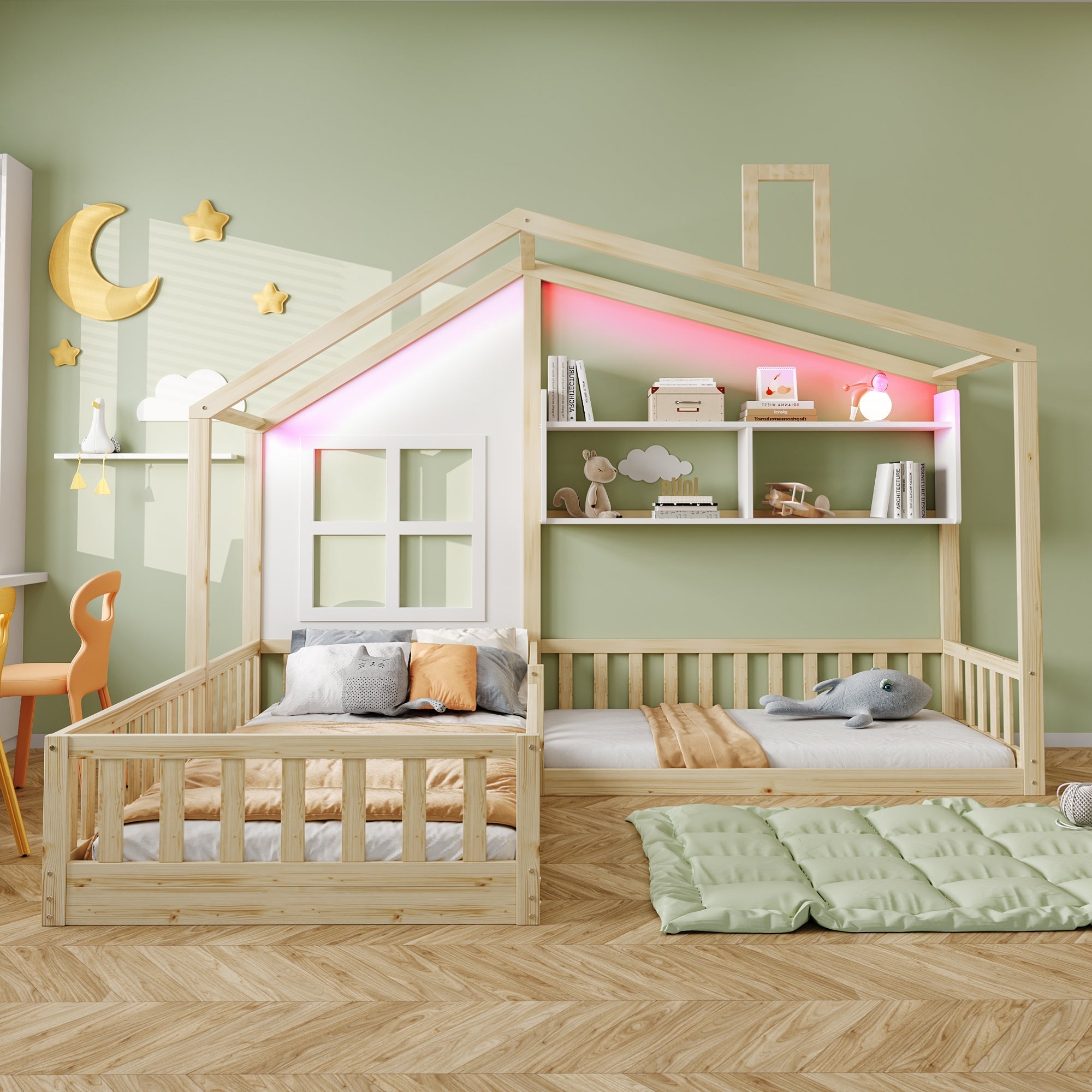 Children's Bed with Window, Shelves and LED Light Strip, Wood Color