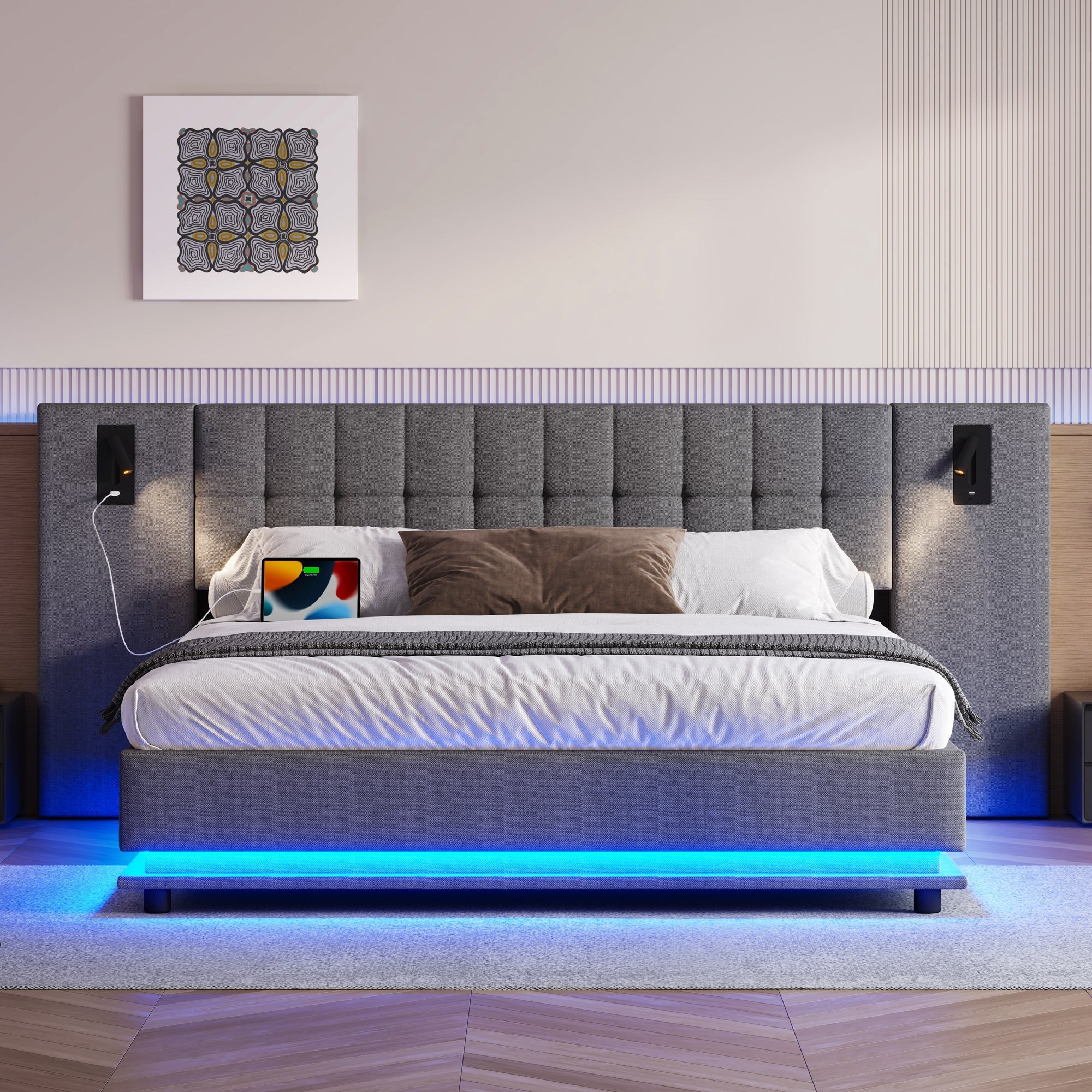 Upholstered Bed 180x200cm LED Spotlight USB Port - Linen Grey