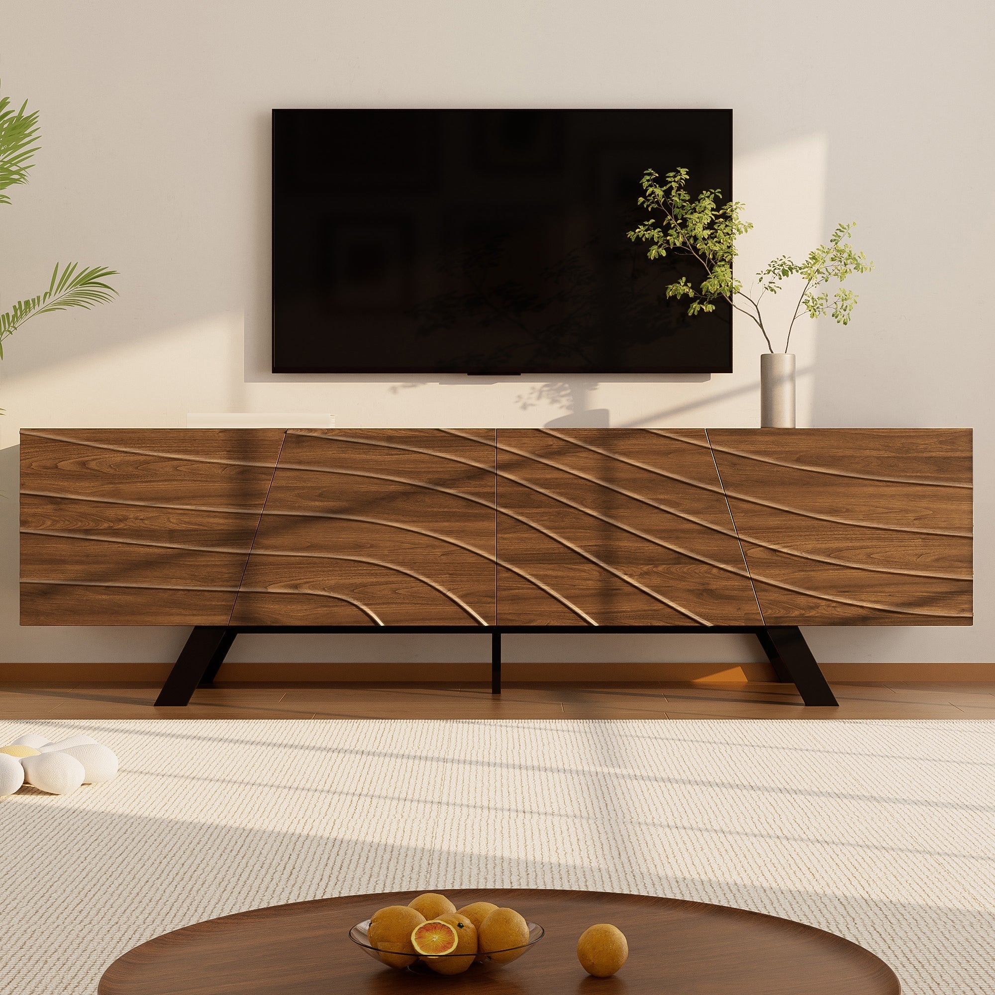 TV Cabinet Lowboard Modern Wave Front 160cm Large Storage Walnut/Black