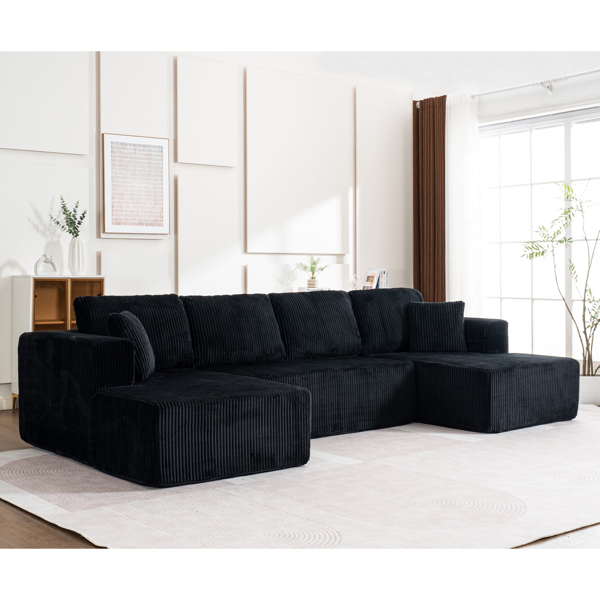 Modern U-Type Modular Sofa with Lounge Chairs and High-Density Sponge, Lamp Plush Fabric