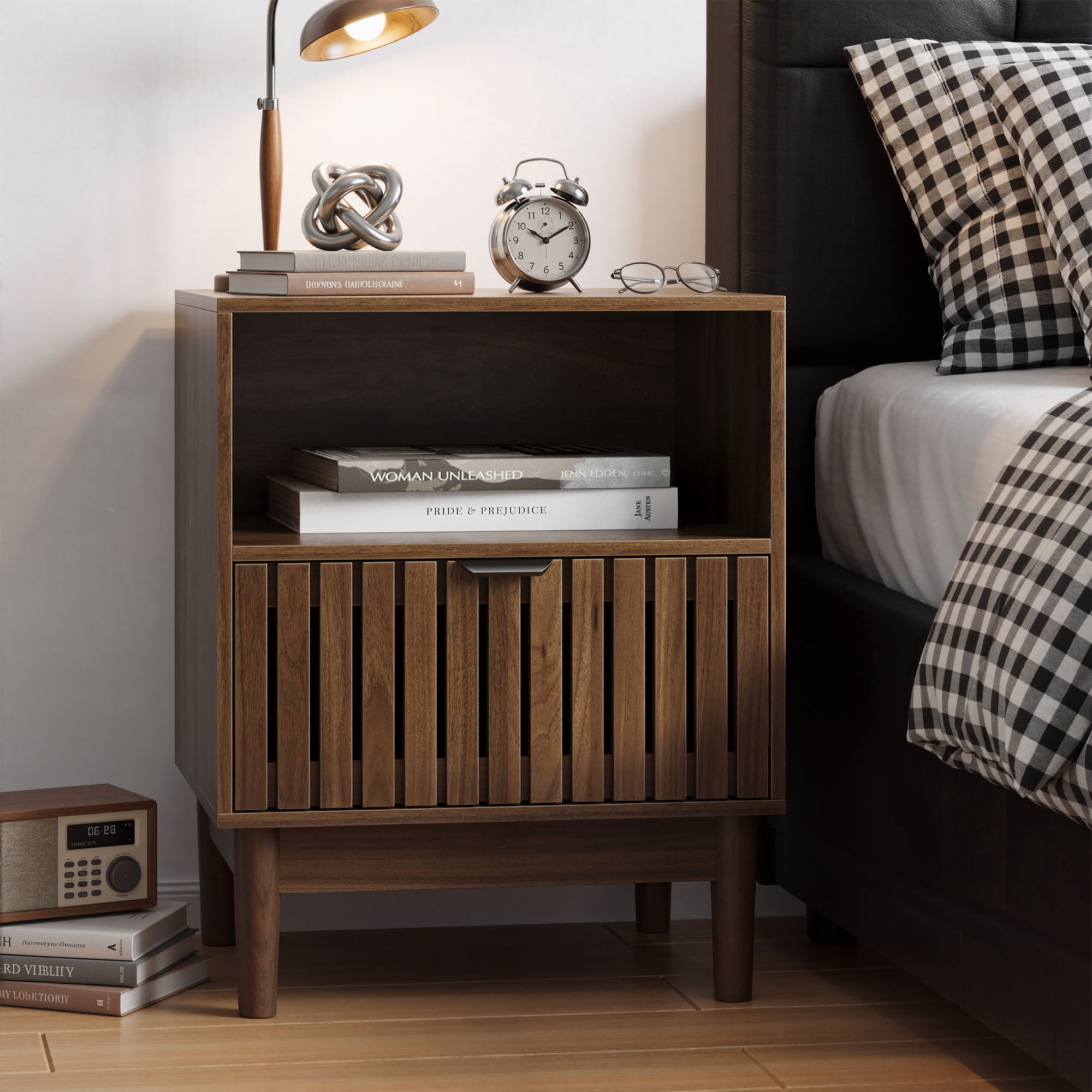 Modern Nightstand with Slatted Base and Drawer, 45x39x56.5cm, Walnut Wood Color