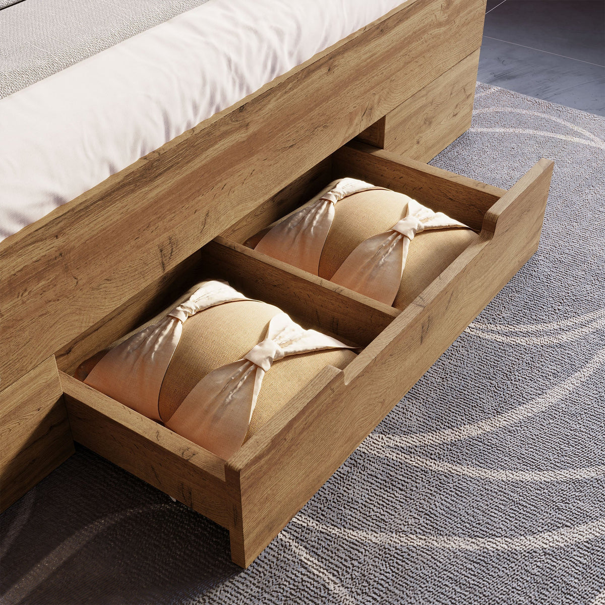 Double Bed 160x200 Storage LED/USB Headboard Drawers Solid Wood Oak