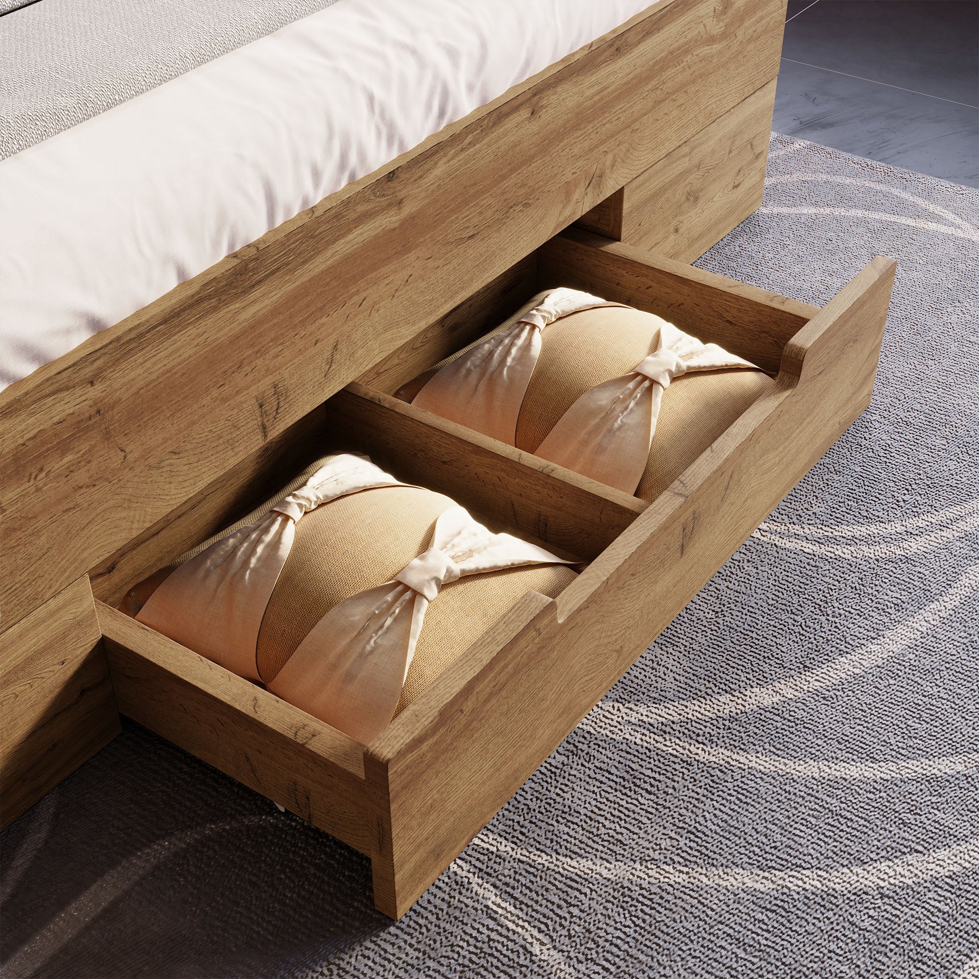 Double Bed 180x200cm Storage, LED, USB-C, Drawers, Wooden Slatted Base, Solid Wood Oak