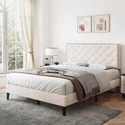 4ft6 Double Upholstered Velvet Bed Frame, Adjustable Button-Tufted & Riveted Headboard, Beige Velvet