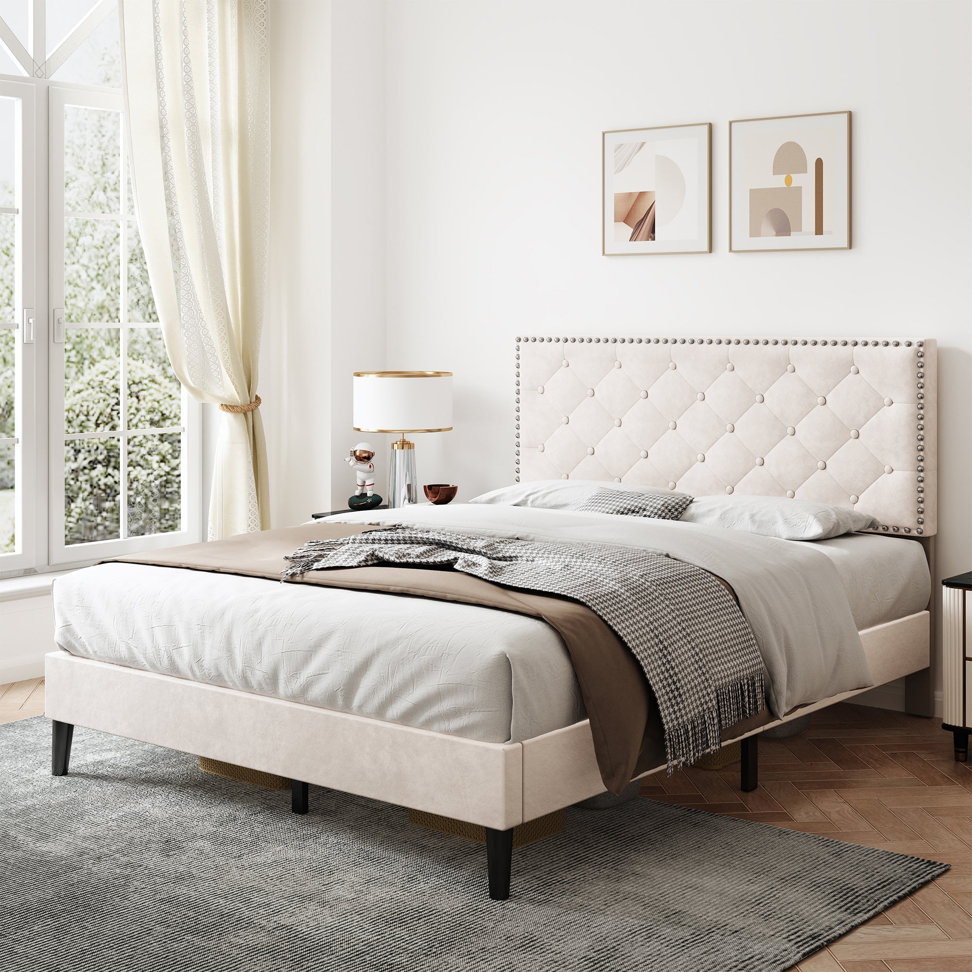 4ft6 Double Upholstered Velvet Bed Frame, Adjustable Button-Tufted & Riveted Headboard, Beige Velvet