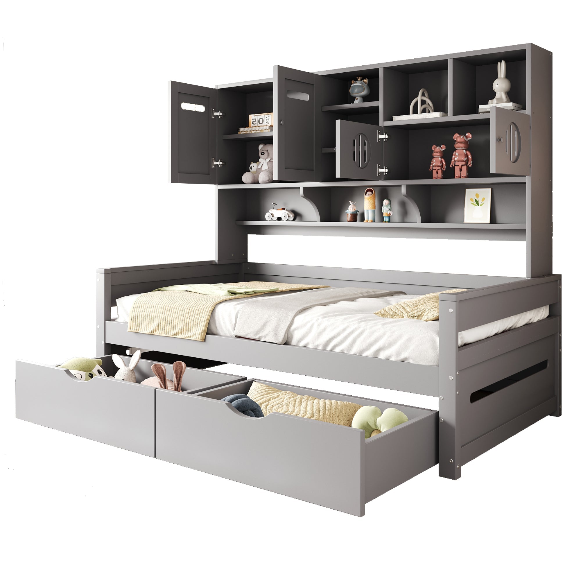 Wooden Sofa Bed, 90x200cm, Multifunctional Storage, Large Drawer, Grey