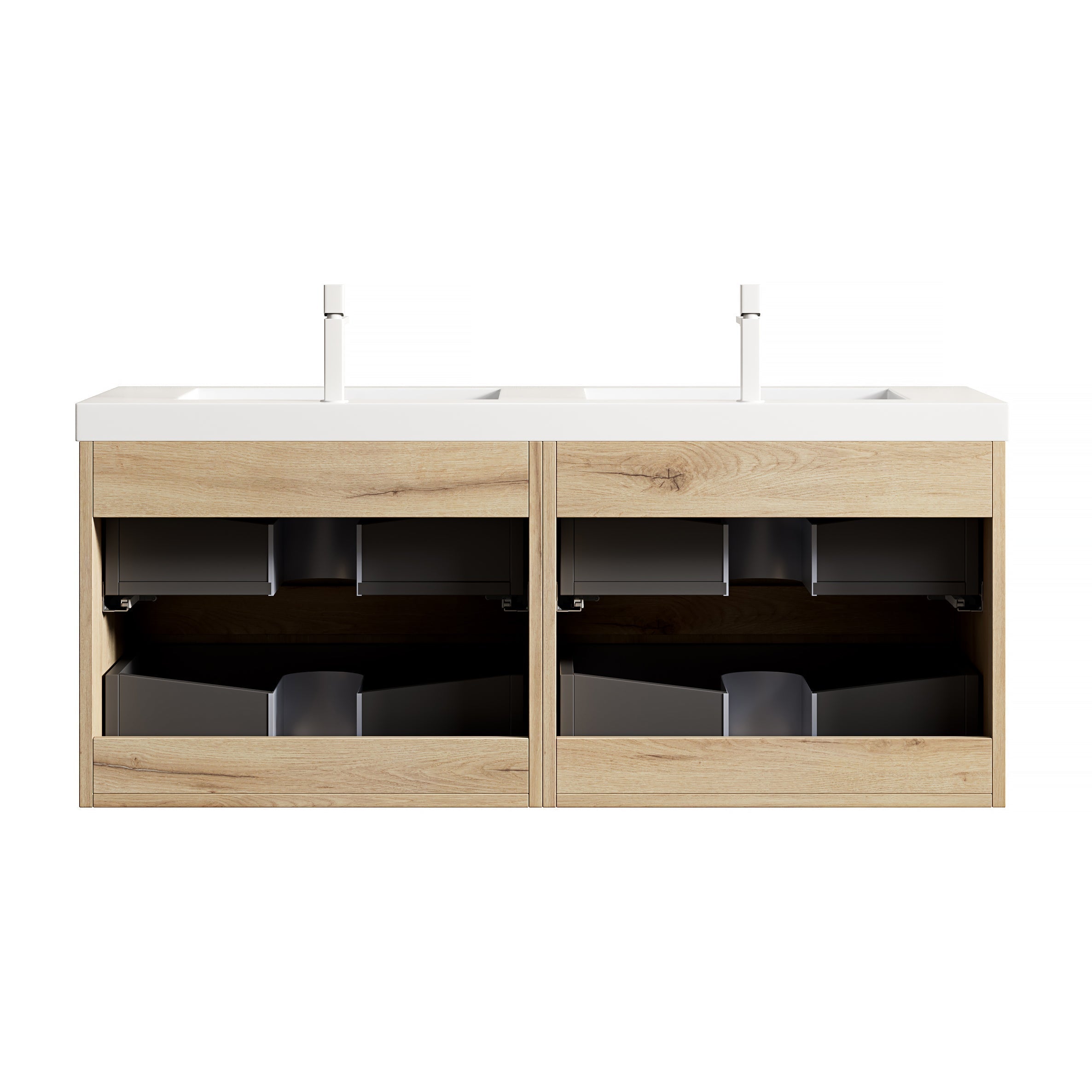 Floating Bathroom Vanity Unit with 2 Undermount Sinks and 4 Drawers, White Oak Wood Grain