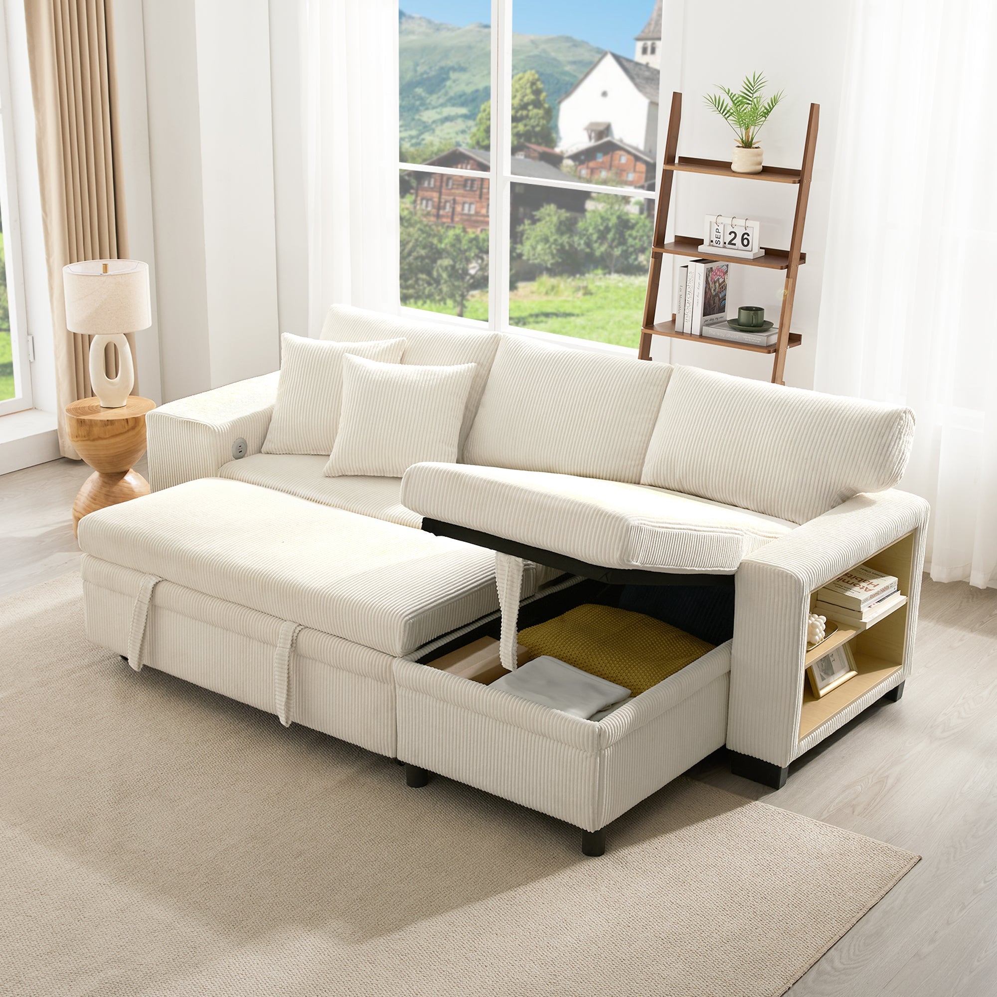 Sofa Bed L-Shaped Convertible 3-Seater with USB, Storage, and Shelves