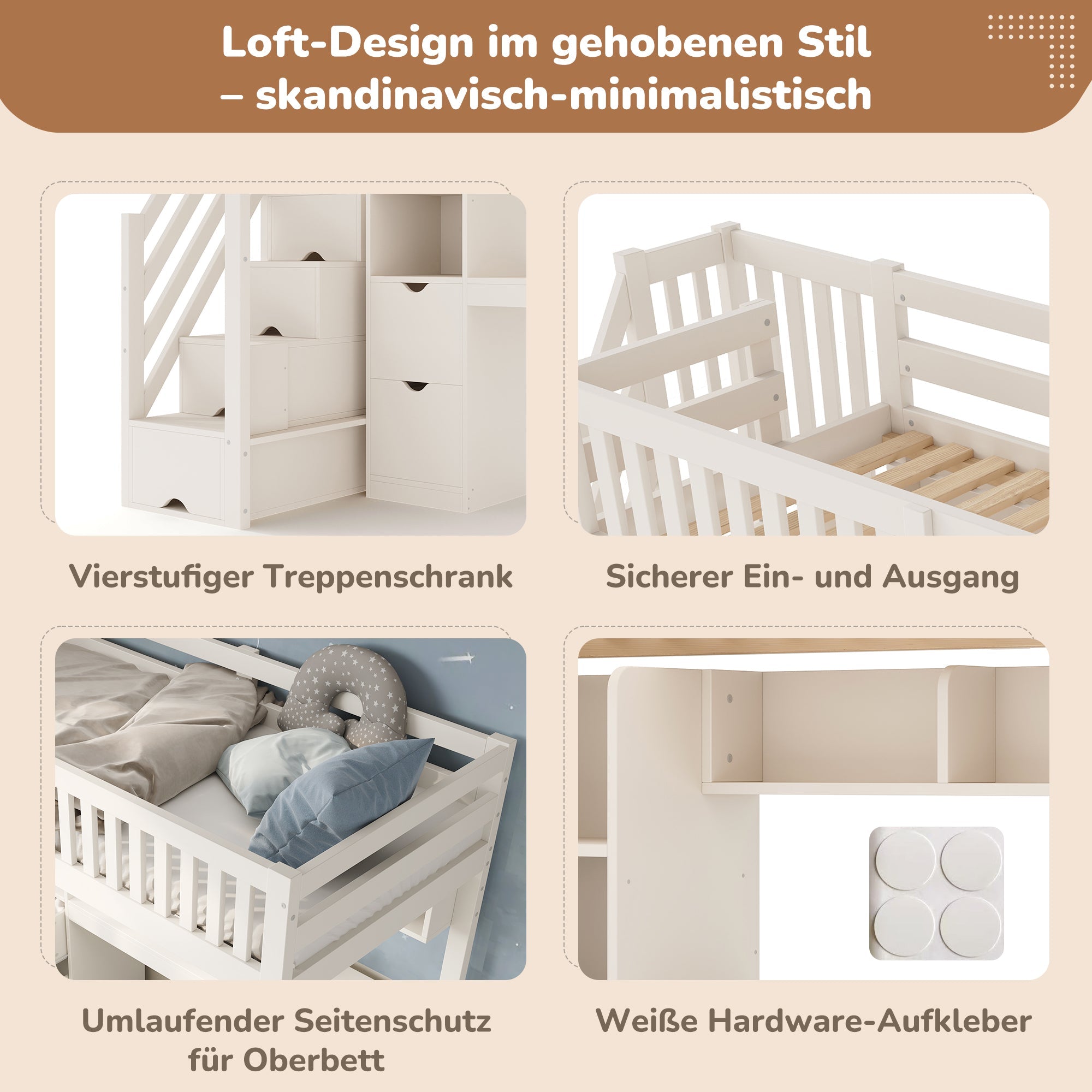 Children's Bunk Bed with Staircase, Corner Desk and Storage, White Pine Wood