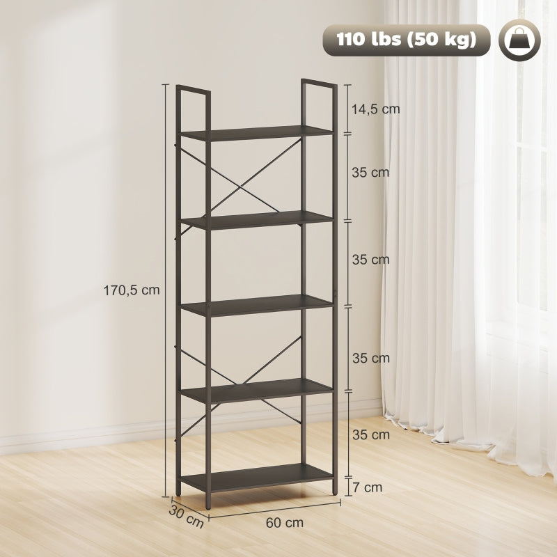 Bookshelf Freestanding 5-Tier Industrial Open Storage Metal Frame Black
