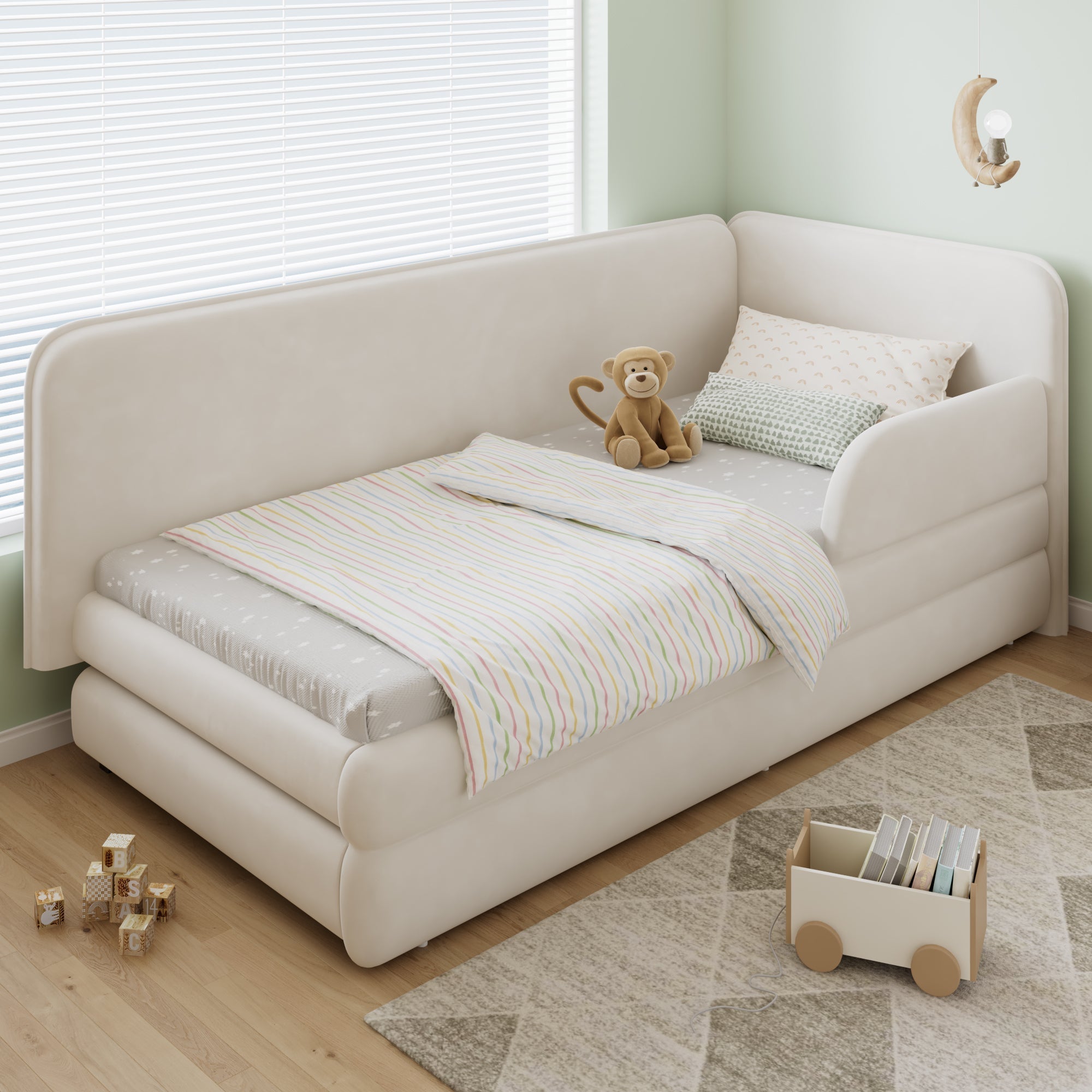 Upholstered Bed 3ft Single 90x190cm Drawer Footboard Side Rails Velvet Beige