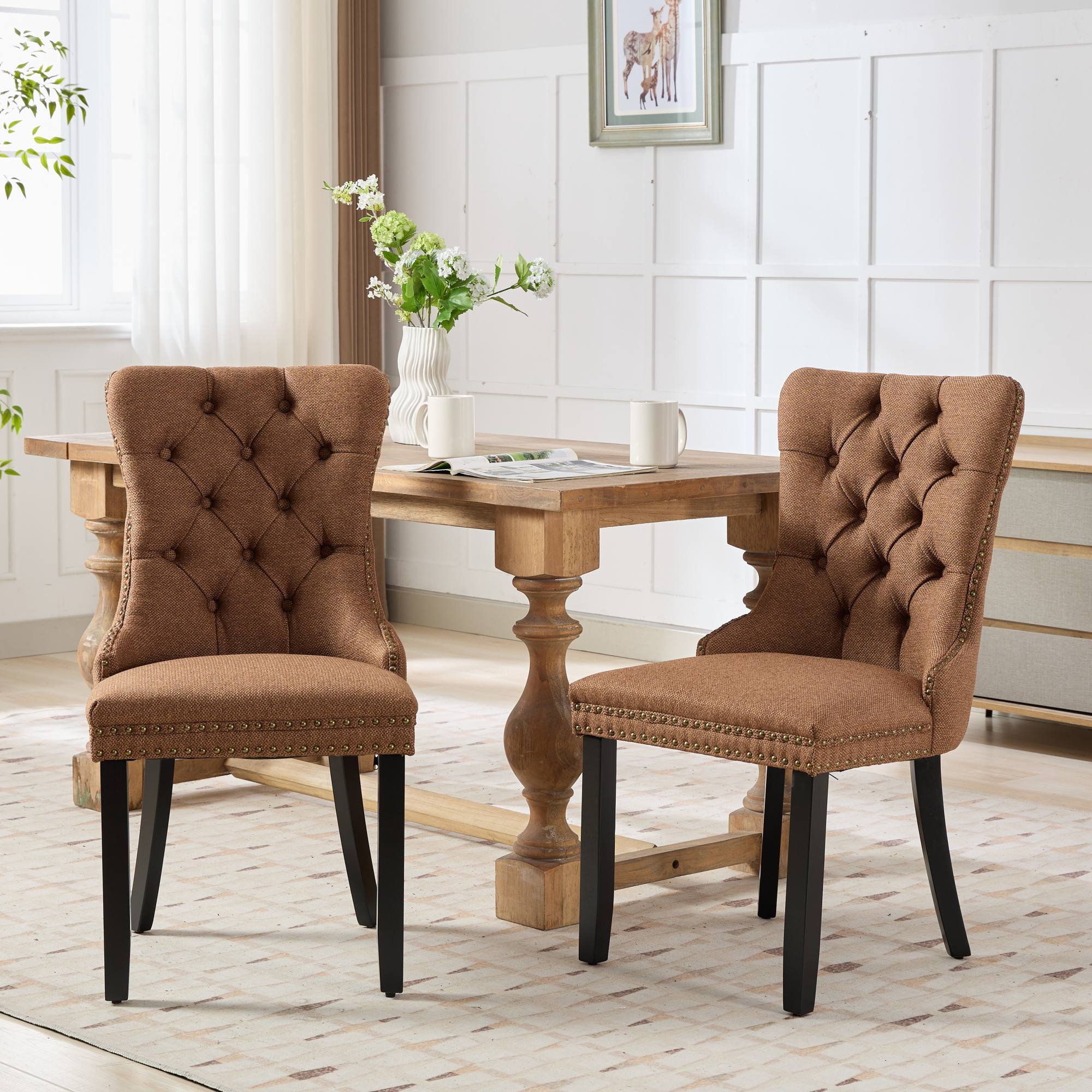 Nikki Collection Tufted Linen Dining Chair Solid Wood Nailhead Trim 2-Pcs Set - Coffee Color