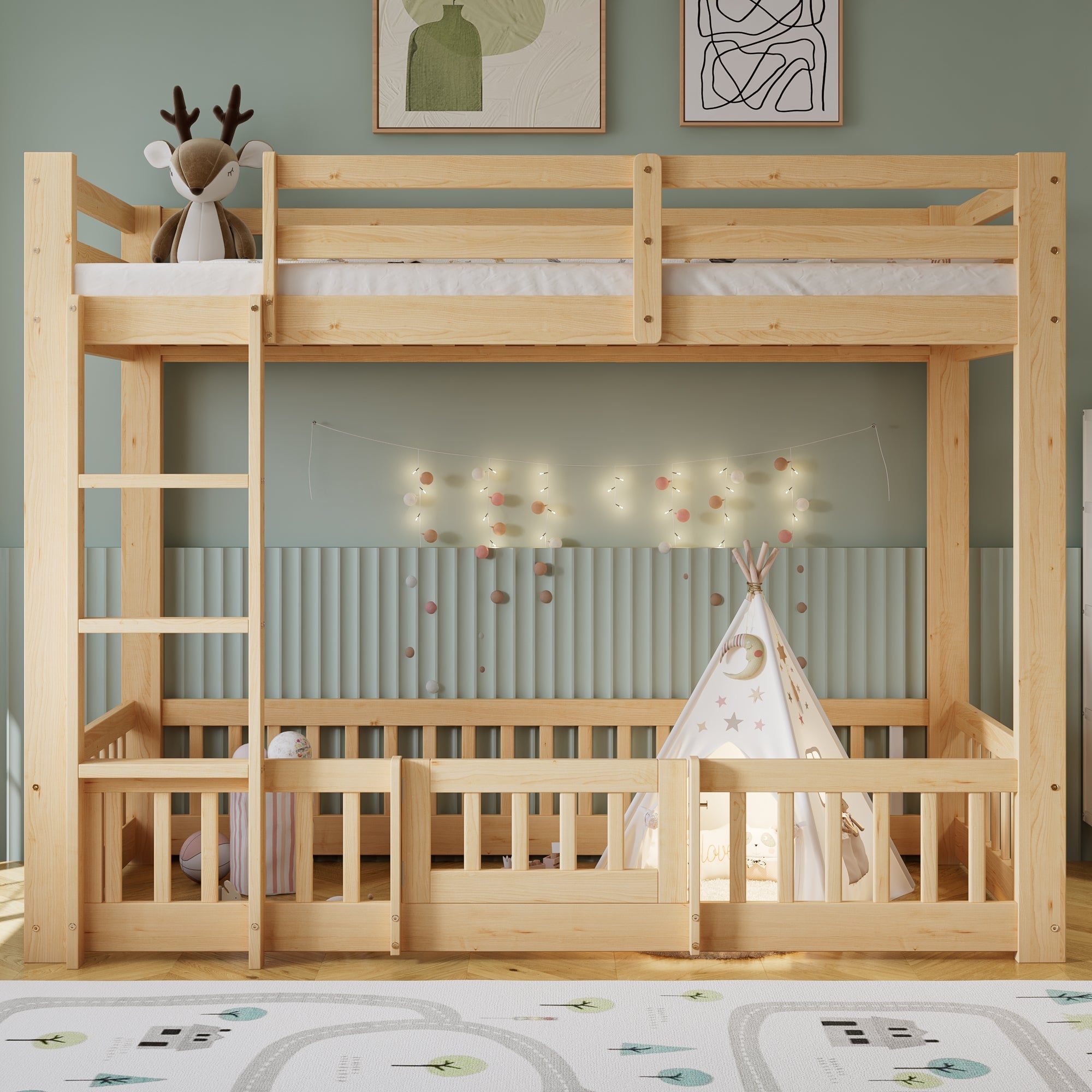 Bunk Bed, Wooden with Stairs, Railing, Fall Protection, Pine