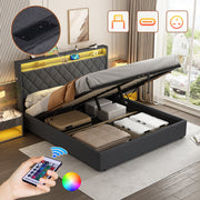5ft King Upholstered Bed Frame, Hydraulic Storage LED Headboard Charging Station, Linen Grey