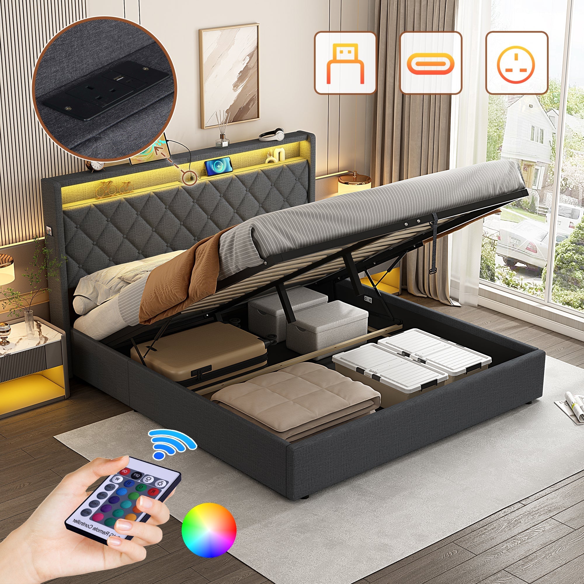 5ft King Upholstered Bed Frame, Hydraulic Storage LED Headboard Charging Station, Linen Grey