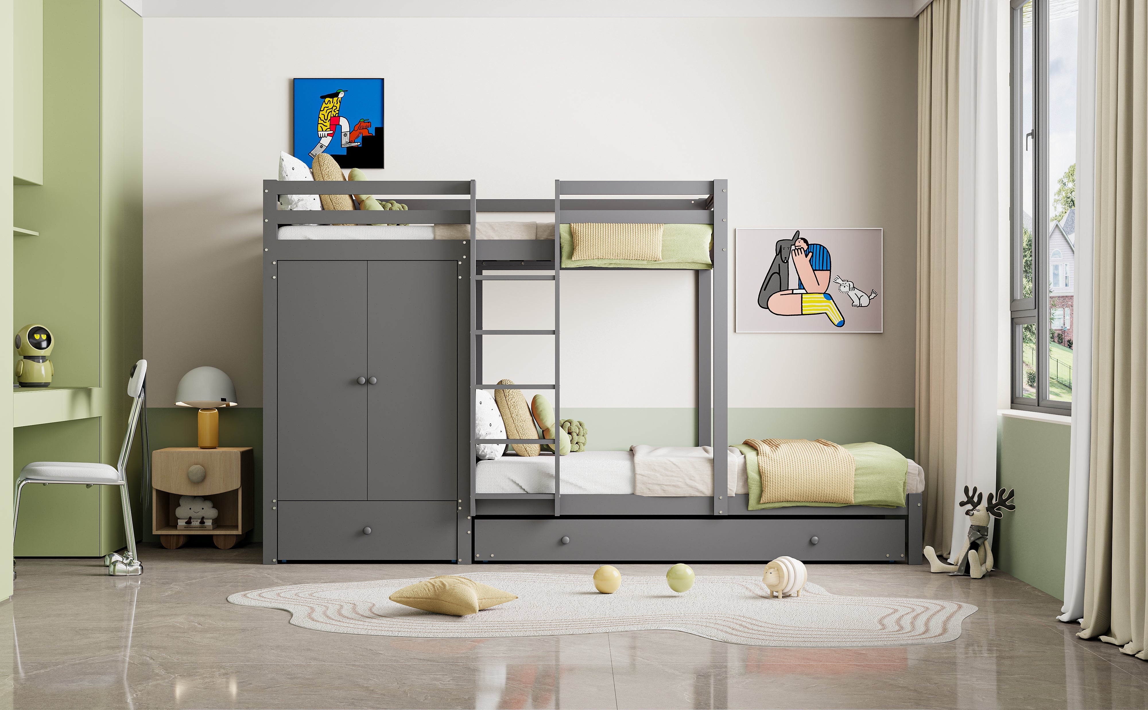 Bunk Bed, 90x200 Pull-Out, Multifunctional with Wardrobe, Drawers & Storage, Solid Wood Grey