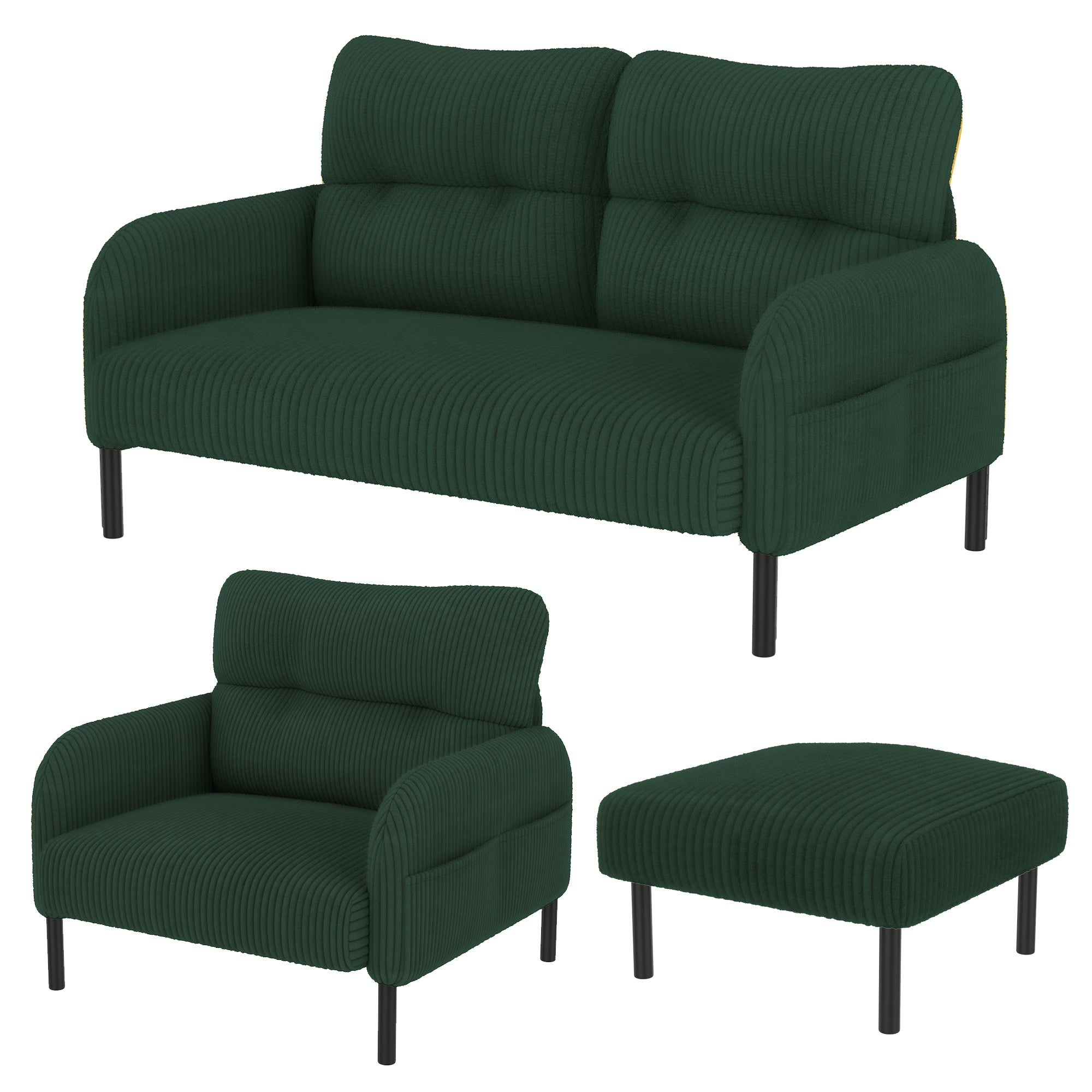 Cord Modular Sofa Set 3-Piece Armchair Footstool 2-Seater Side Pocket Emerald Green